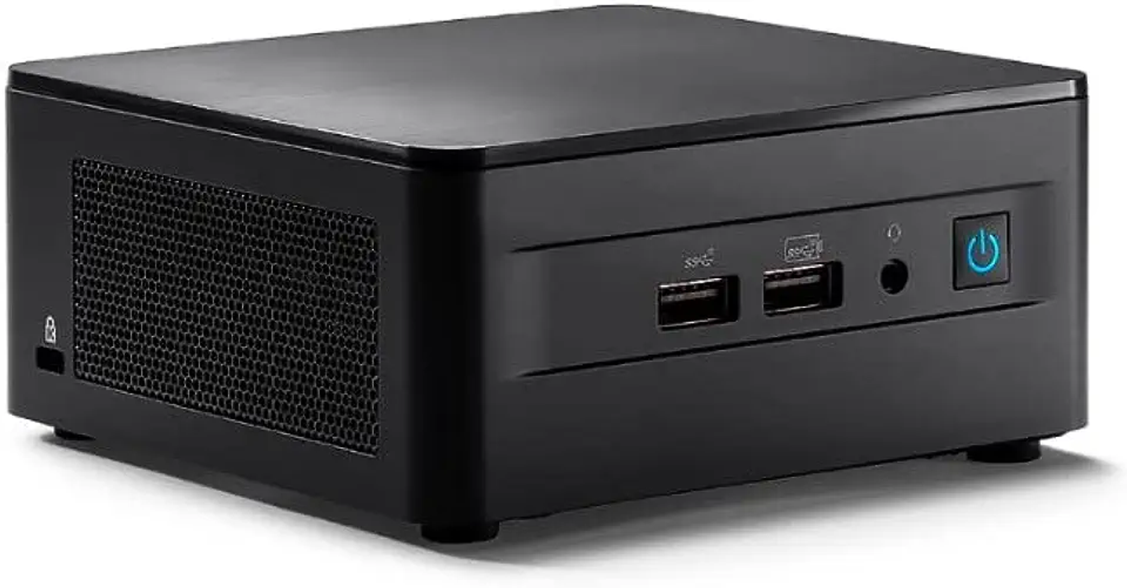 Mini PC nero. Ha porte sul davanti e sul lato, con un pulsante di accensione.