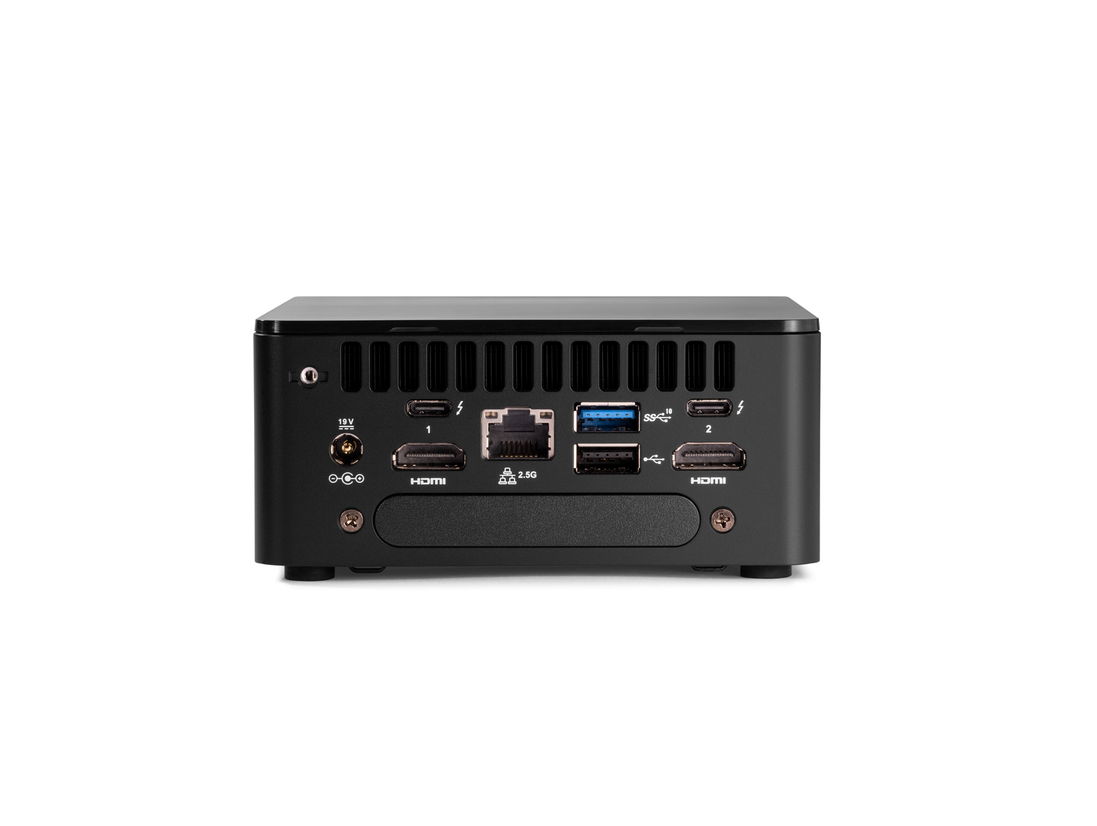 Mini-computer nero con più porte: HDMI, USB, Ethernet e ingresso di alimentazione.