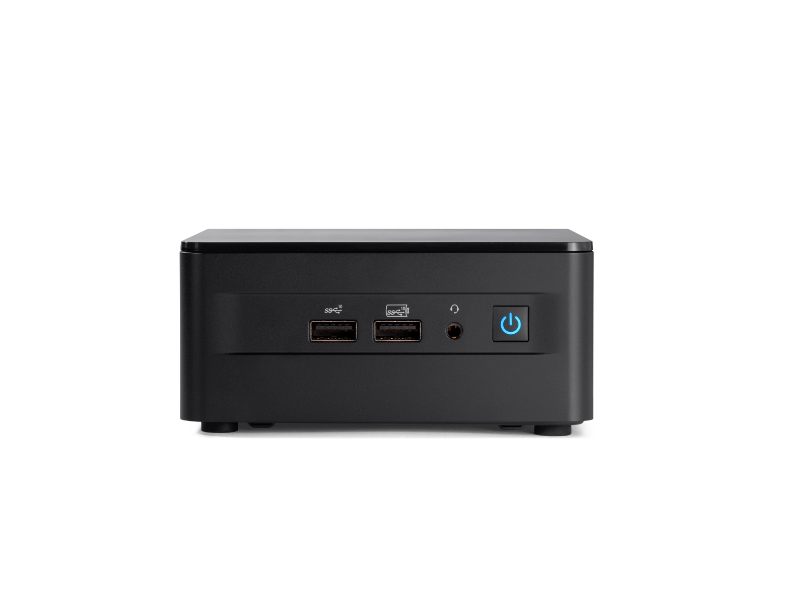 Mini PC nero con porte USB, pulsante di accensione.