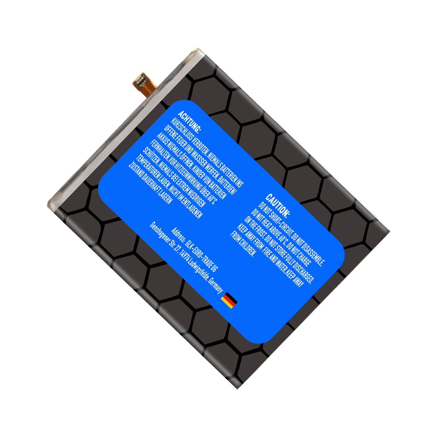 Schwarze und graue Batterie mit Warnhinweis auf Deutsch und Englisch.