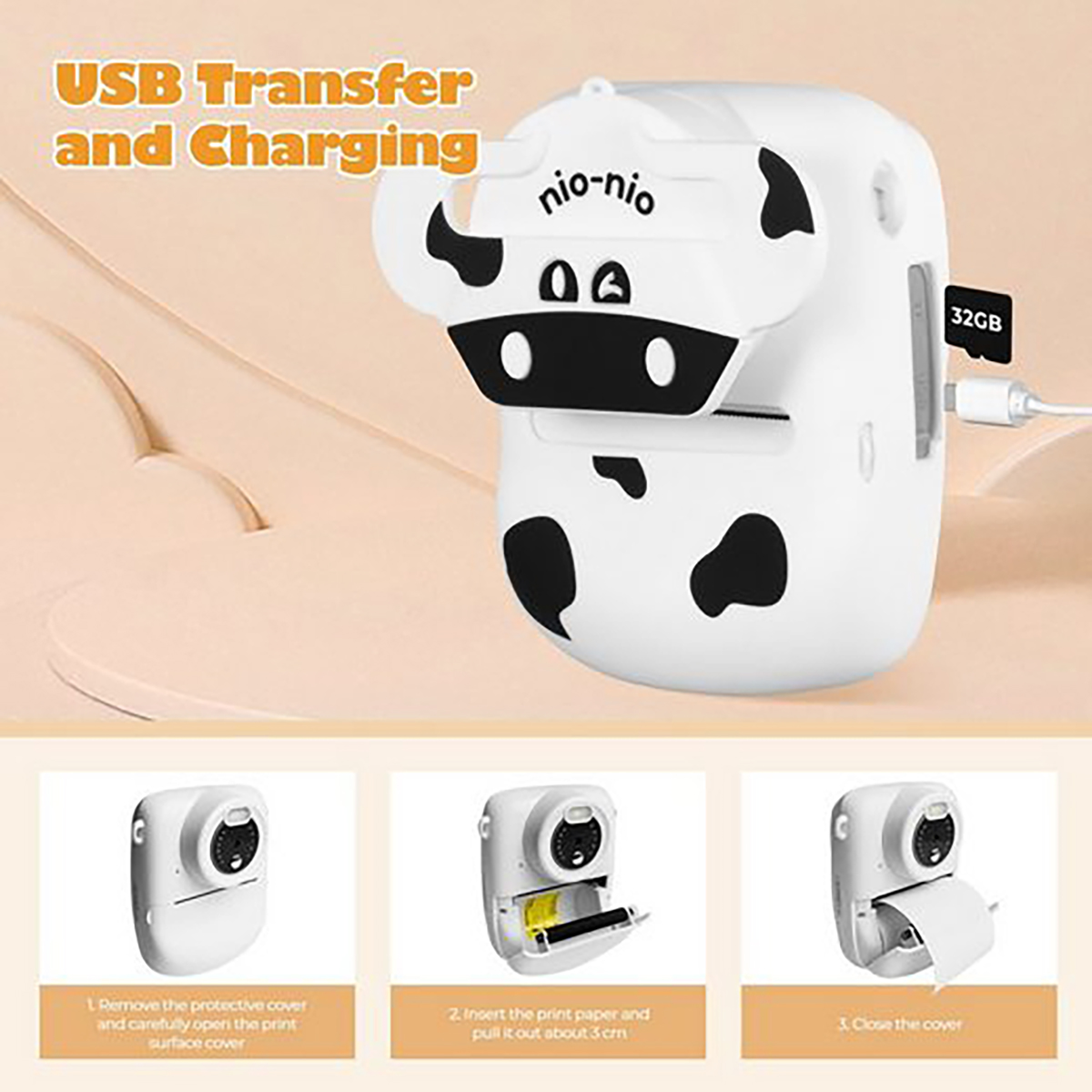 Ein weißer, kuhförmiger Drucker mit USB-Kabel und Gebrauchsanweisung.