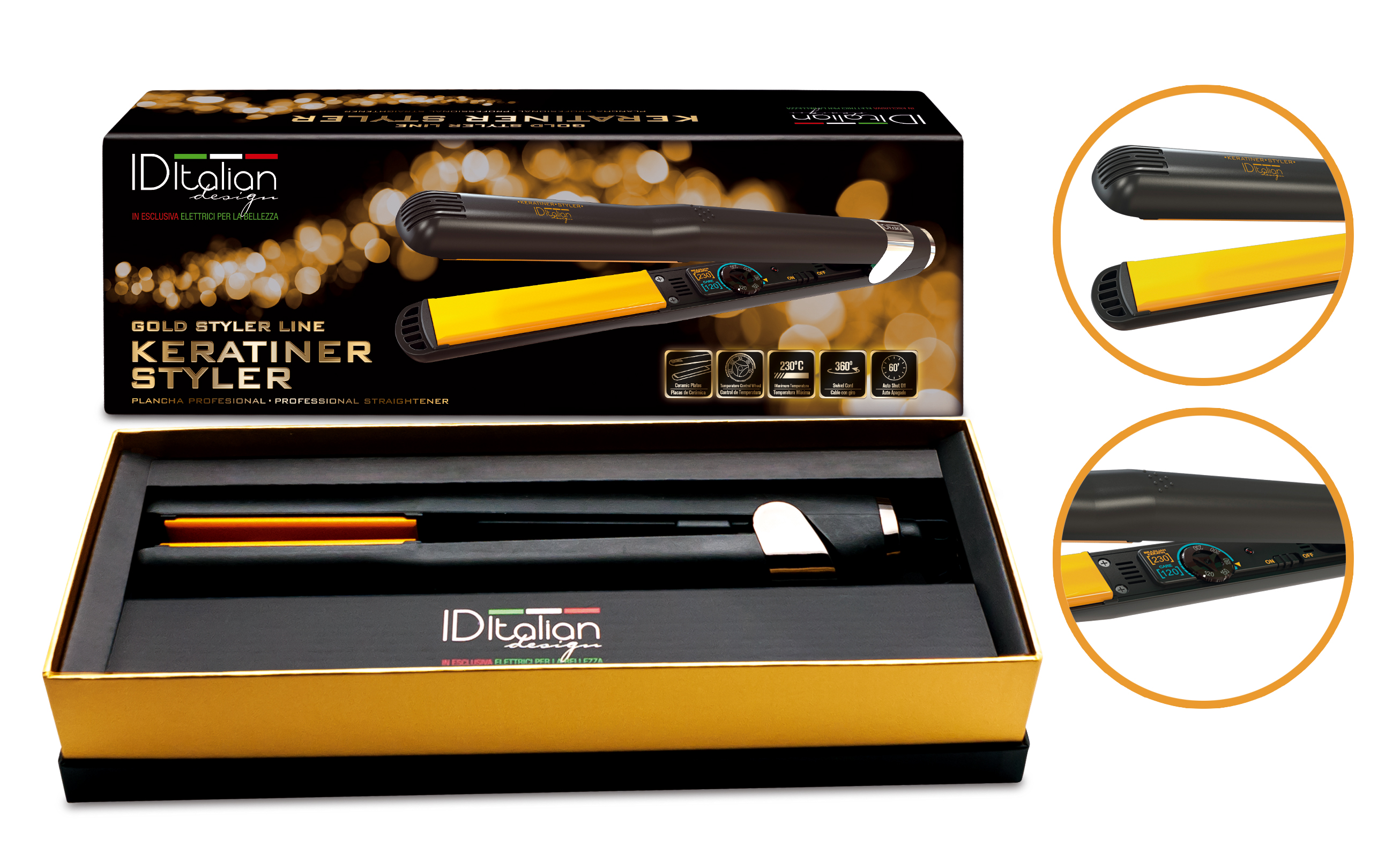 Czarny i złoty zestaw prostownicy do włosów w pudełku. Zawiera prostownicę i wyświetlacz temperatury.