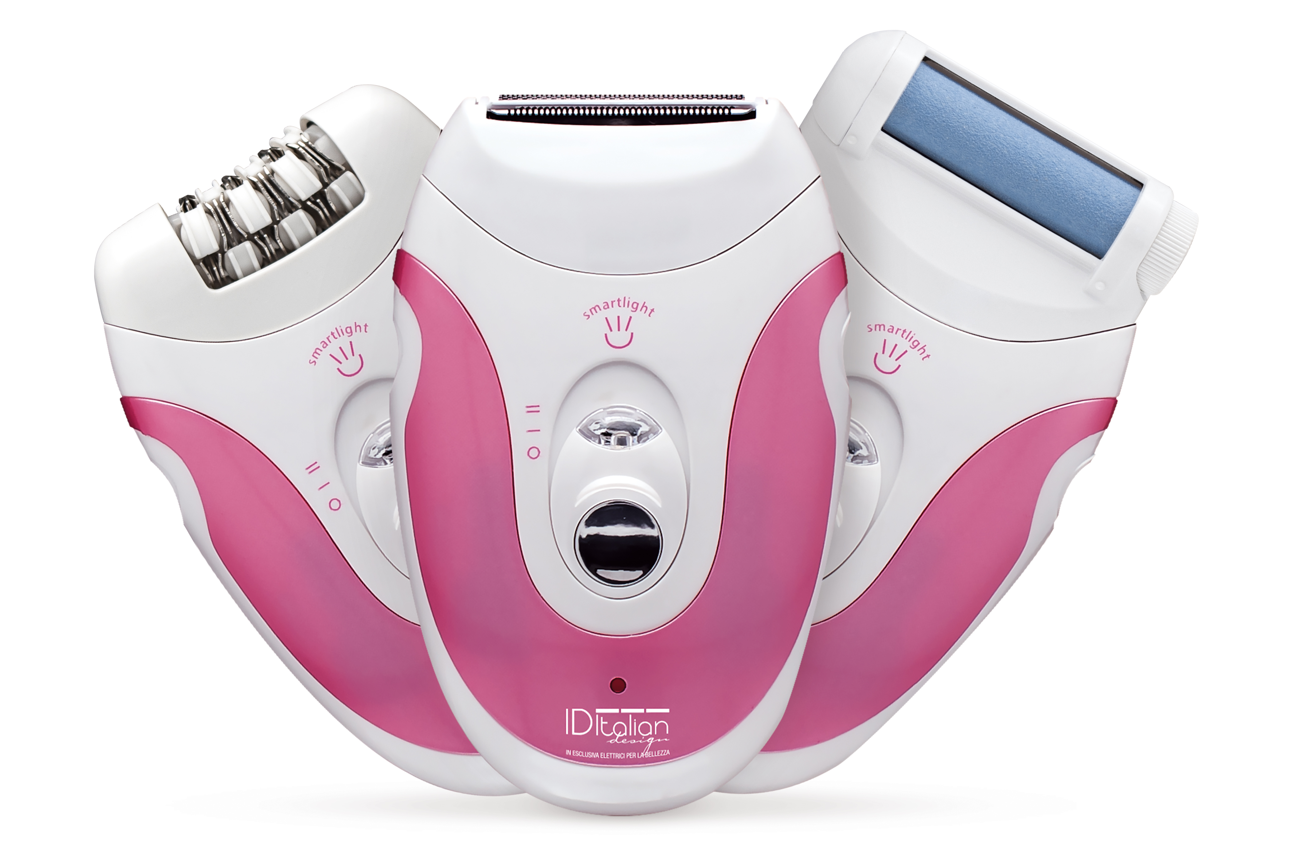 Trzy białe i różowe depilatory. Każdy ma inną głowicę i inne funkcje.