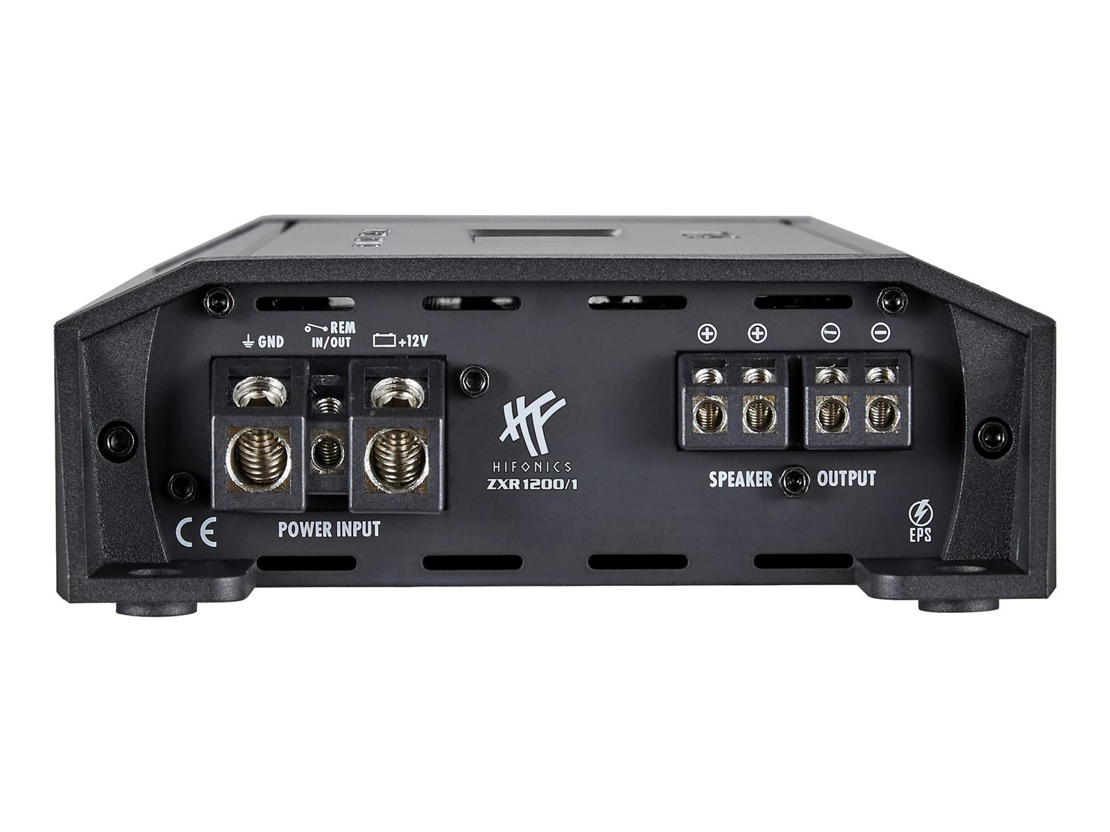 Rückseite eines schwarzen Verstärkers. Text: HIFONICS, ZXR1200/1 und verschiedene Anschlüsse.