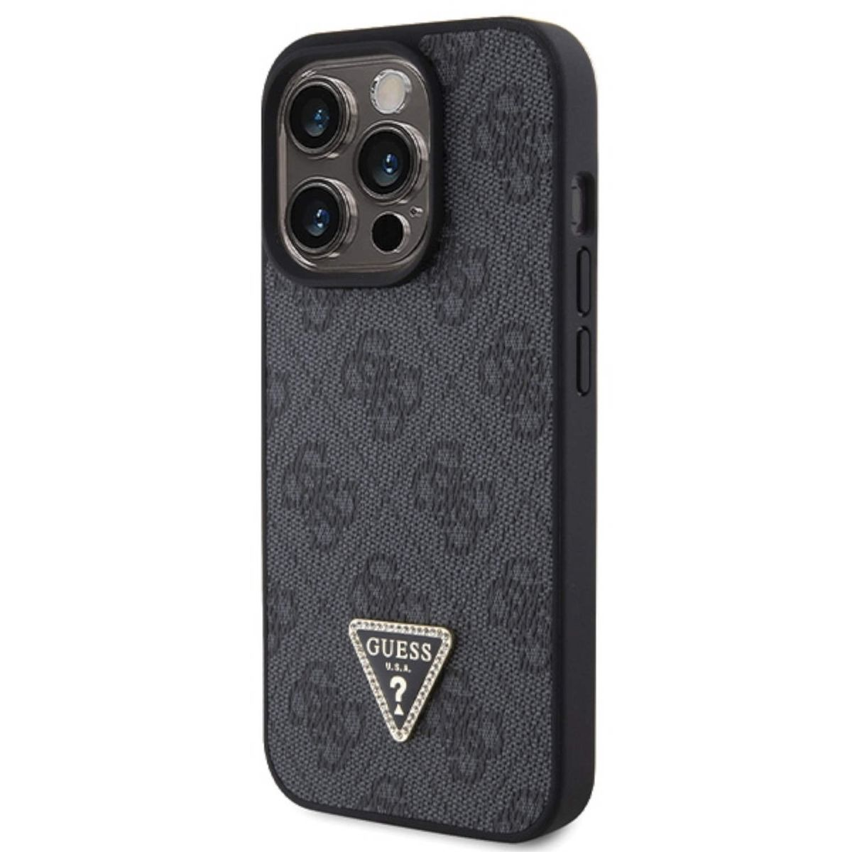 Custodia per telefono Guess nera con logo e motivo strutturato, su una superficie bianca.