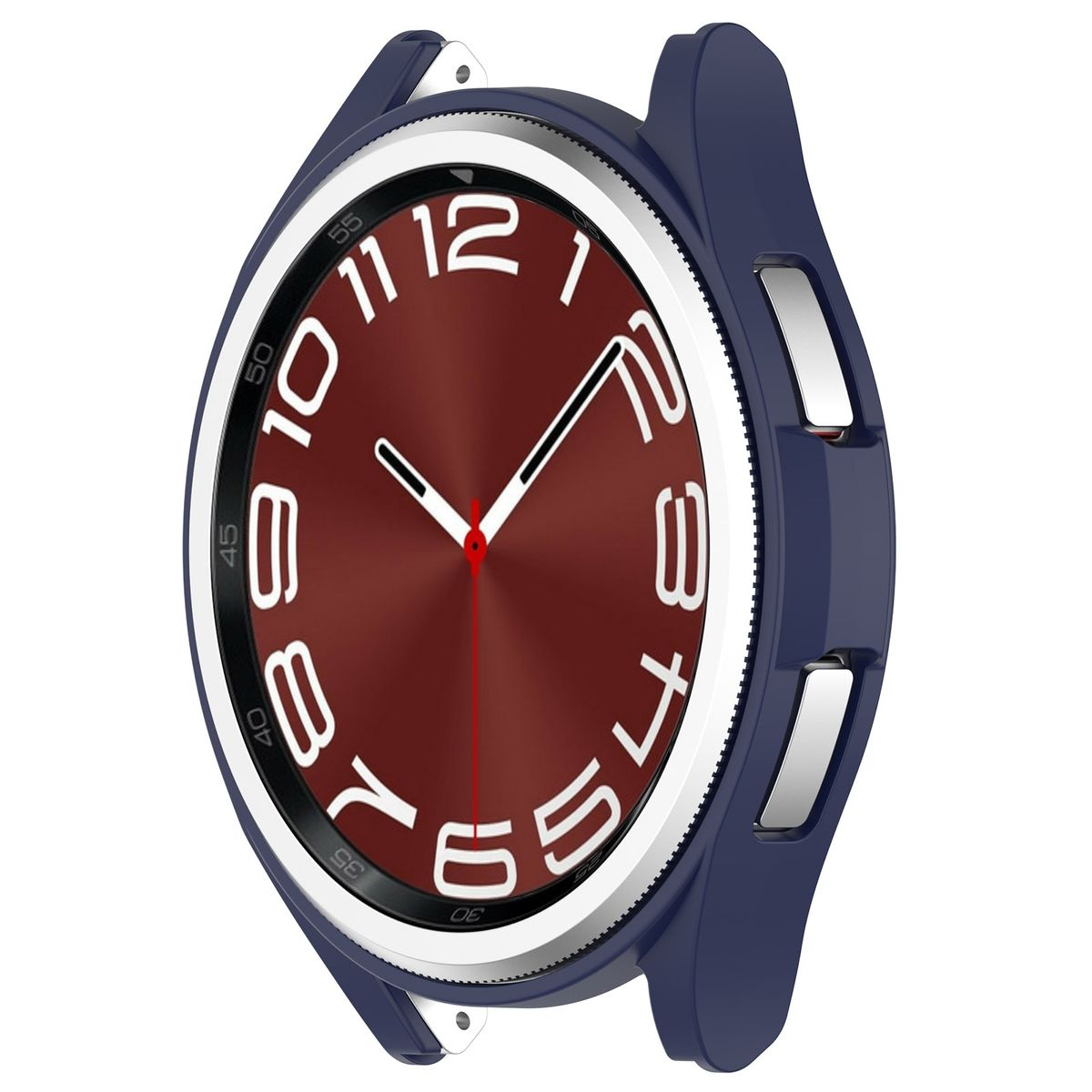 Ein dunkelblaues Smartwatch-Zifferblatt mit weißen Ziffern und Zeigern in einer blauen Lünette.