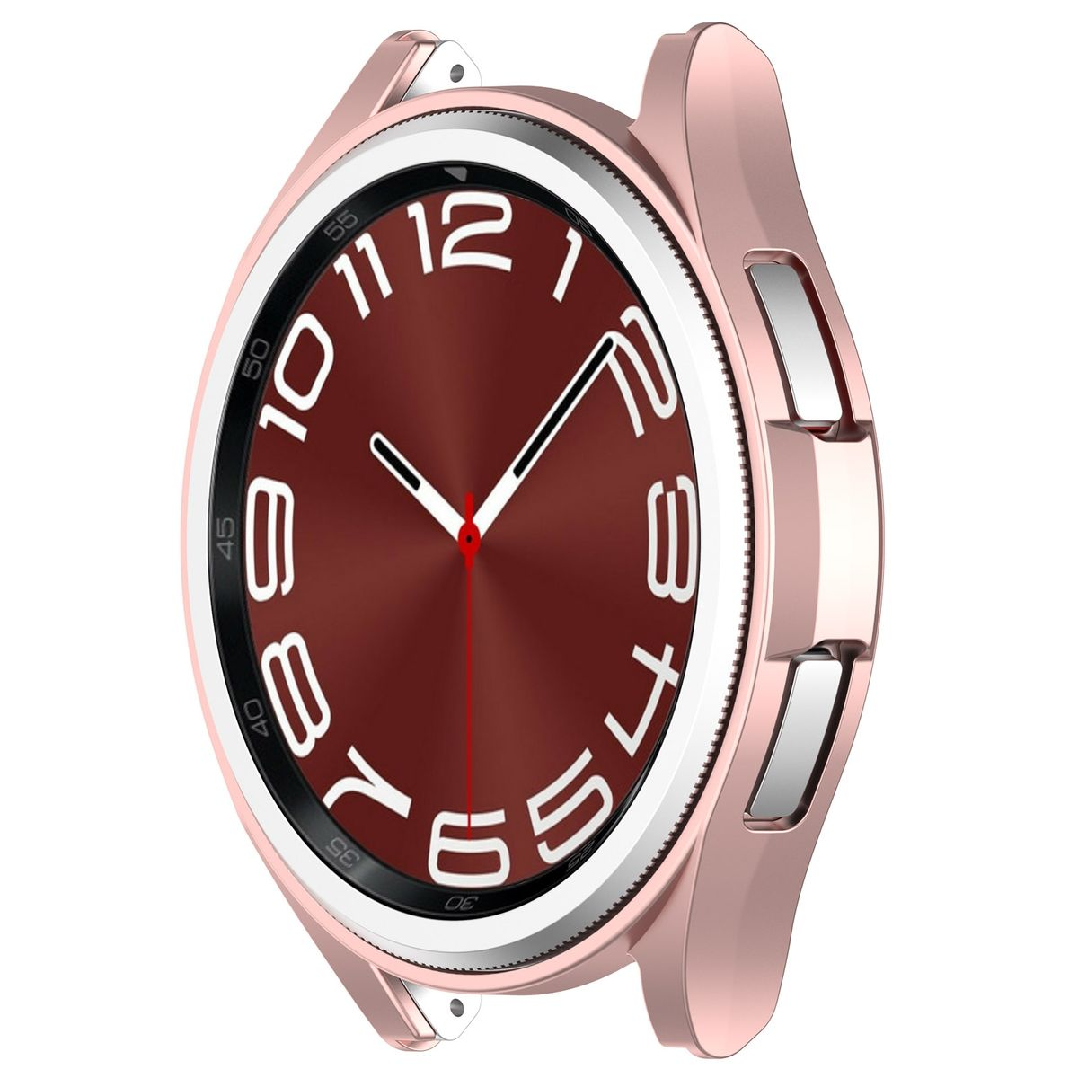 Roségoldfarbene Smartwatch mit weißen Ziffern auf einem braunen Zifferblatt.