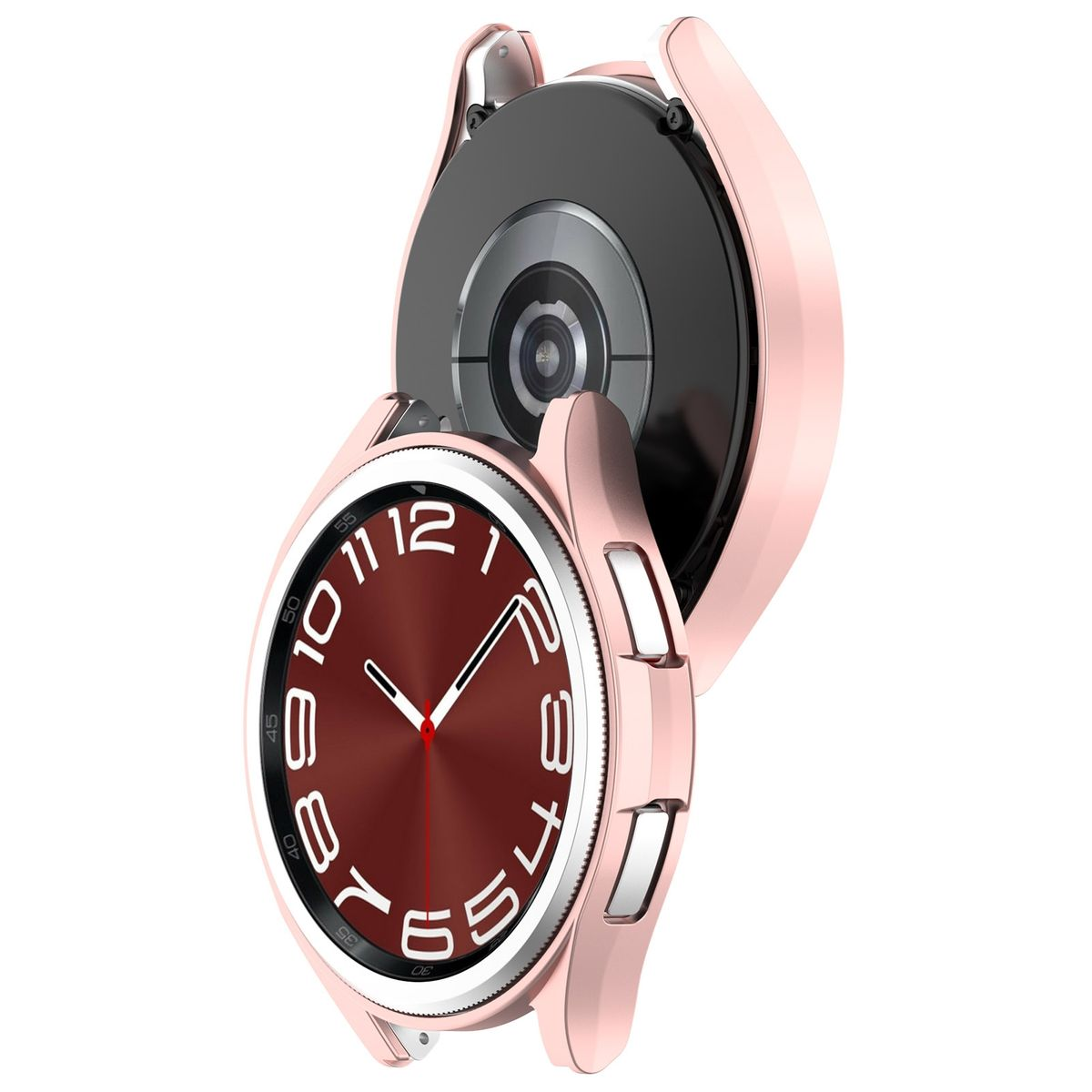 Roségoldene Uhr mit Gehäuse, Zifferblatt und Zahlen zeigend, und das Gehäuse geöffnet.