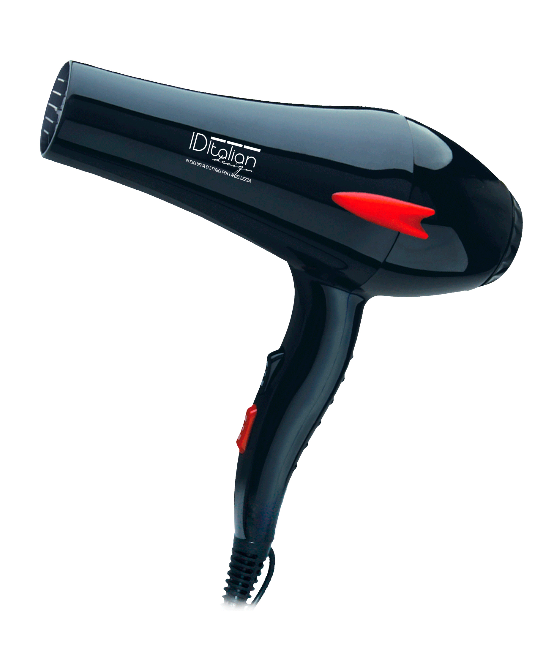 Czarna suszarka do włosów z czerwonymi akcentami. Ma długi uchwyt i dyszę.