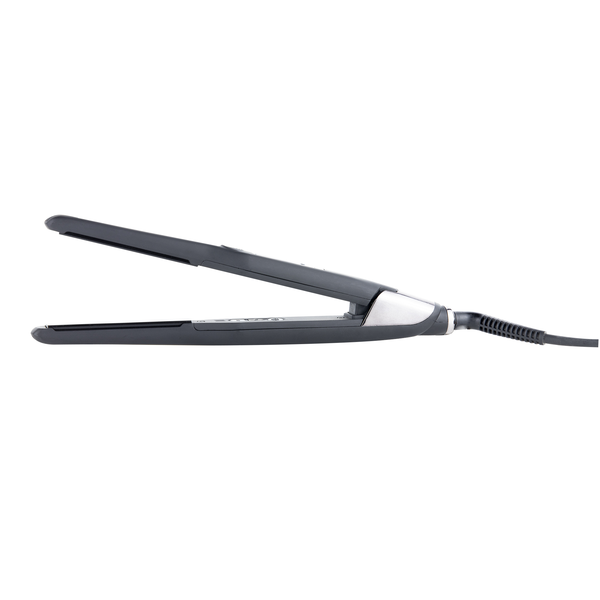 Czarna prostownica do włosów, otwarta i gotowa do użycia, ze srebrnym akcentem i czarnym kablem.