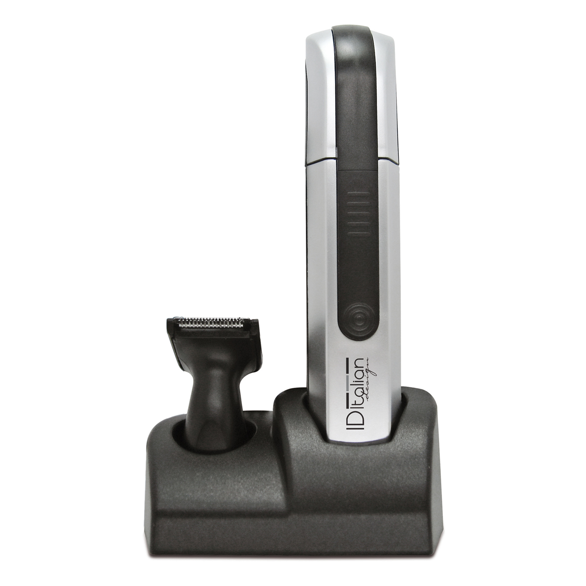 Srebrna i czarna golarka i trymer z podstawą ładującą, białe tło.