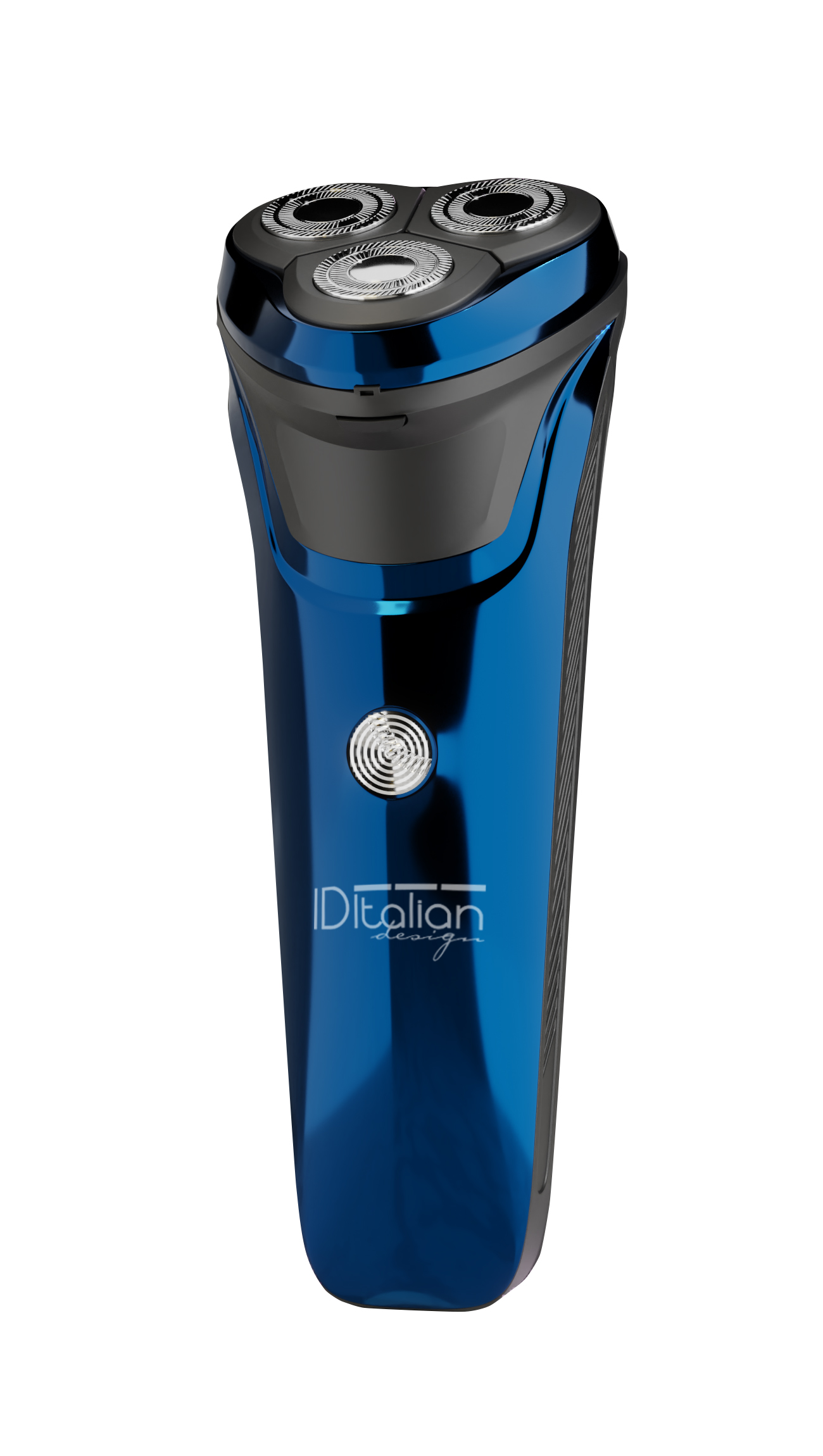 Niebieska golarka elektryczna z trzema głowicami obrotowymi, na białym tle. To zbliżenie.