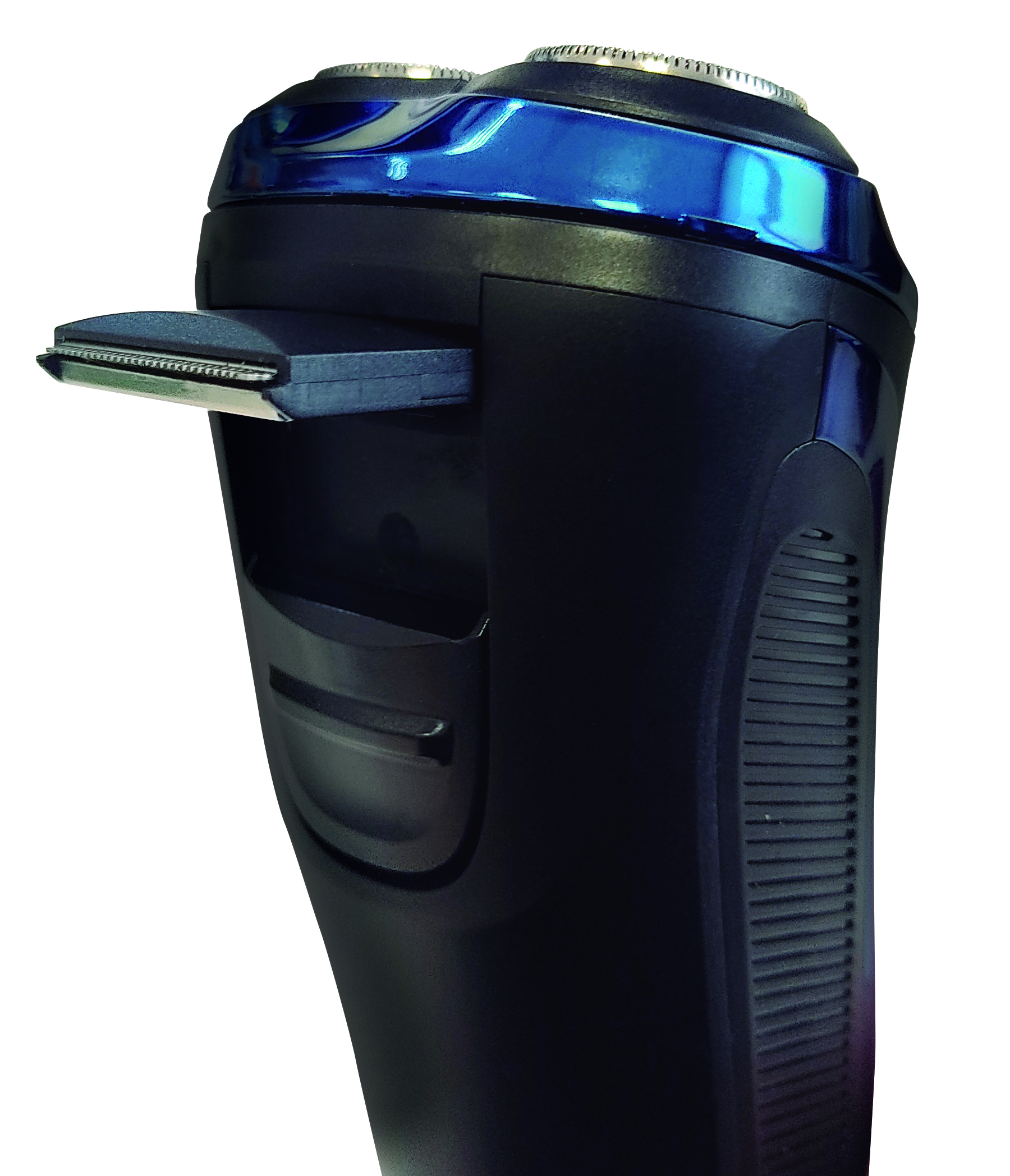 Czarna golarka elektryczna z wysuniętym trymerem.