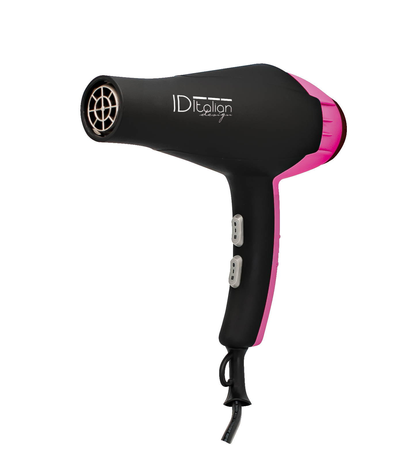 Czarno-różowa suszarka do włosów. Ma czarny uchwyt z przyciskami i różową dyszę. Białe tło.