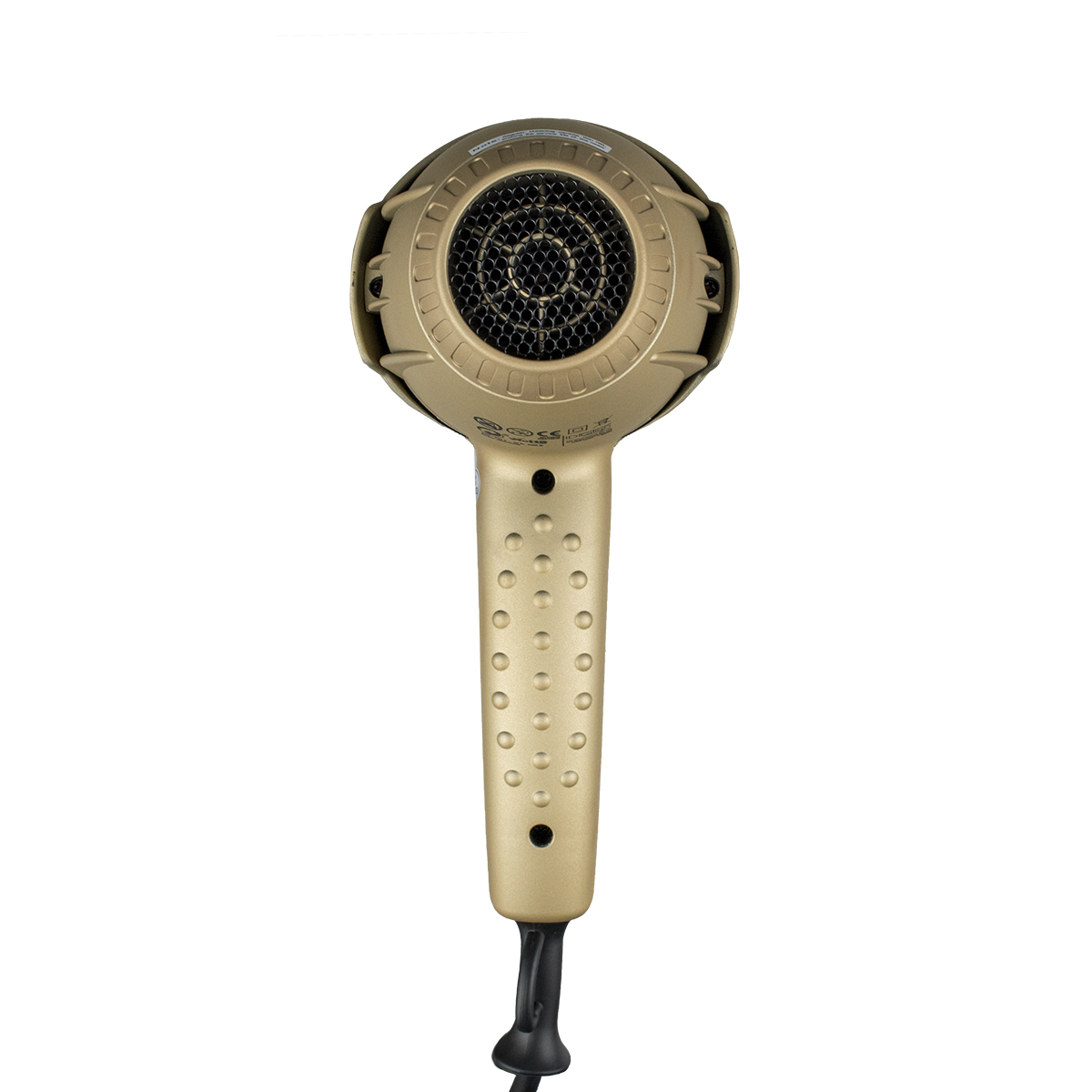 Złota suszarka do włosów. Dysza jest czarna, a uchwyt ma otwory.