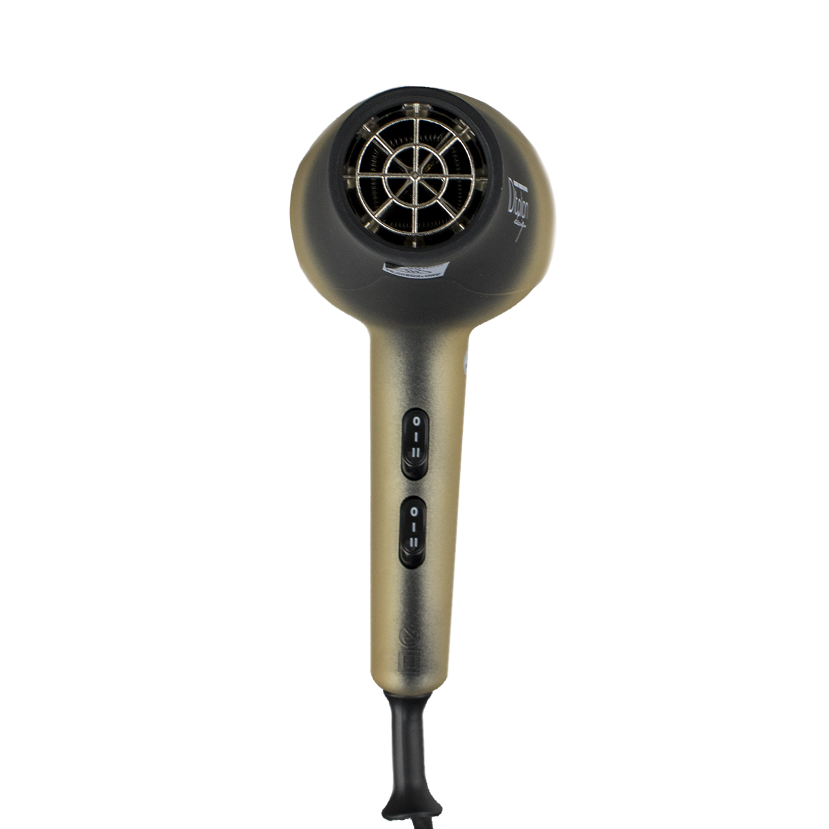 Złoto-czarna suszarka do włosów. Ma dwa przyciski i czarny przewód. Widoczna jest dysza.
