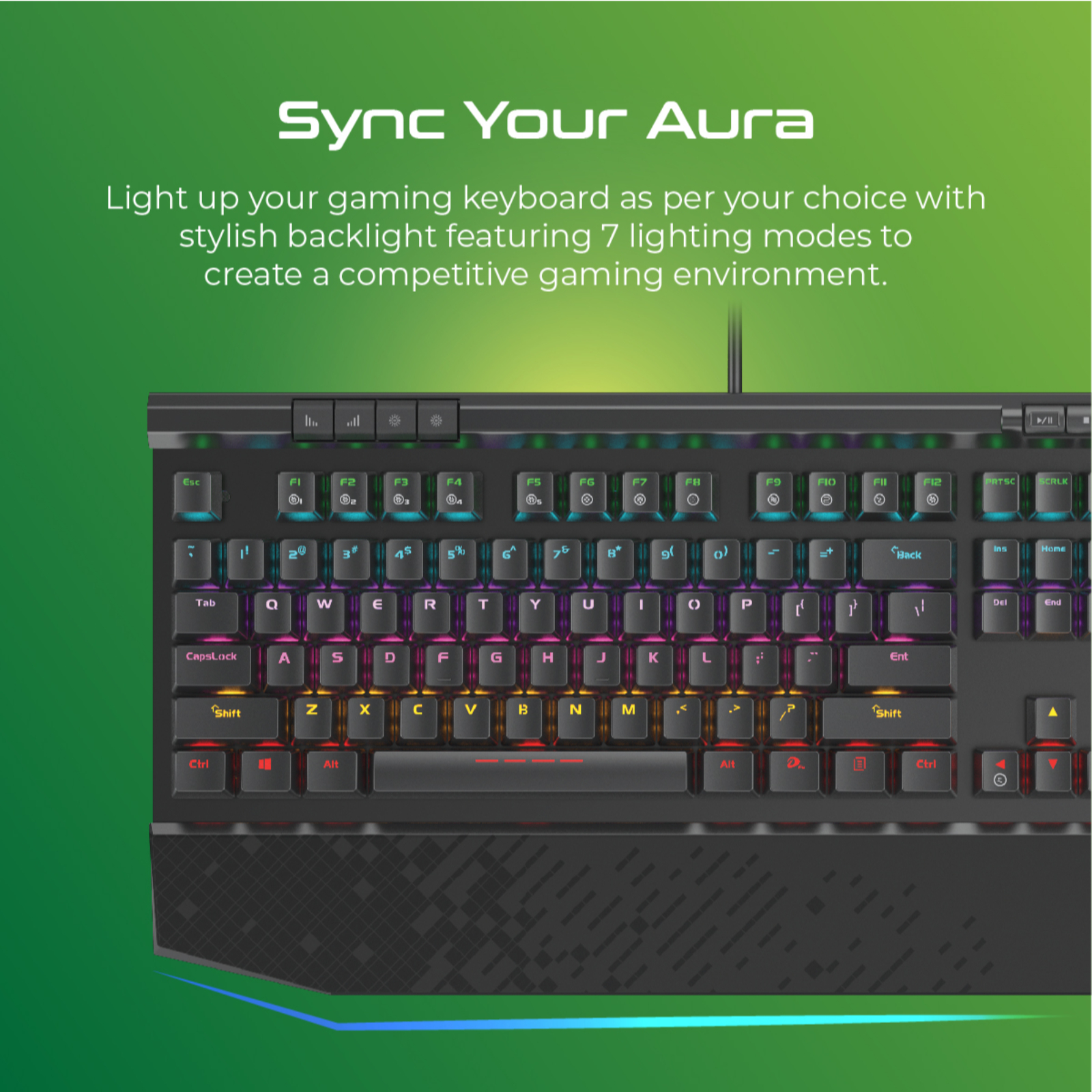 Teclado gaming con teclas retroiluminadas de colores.