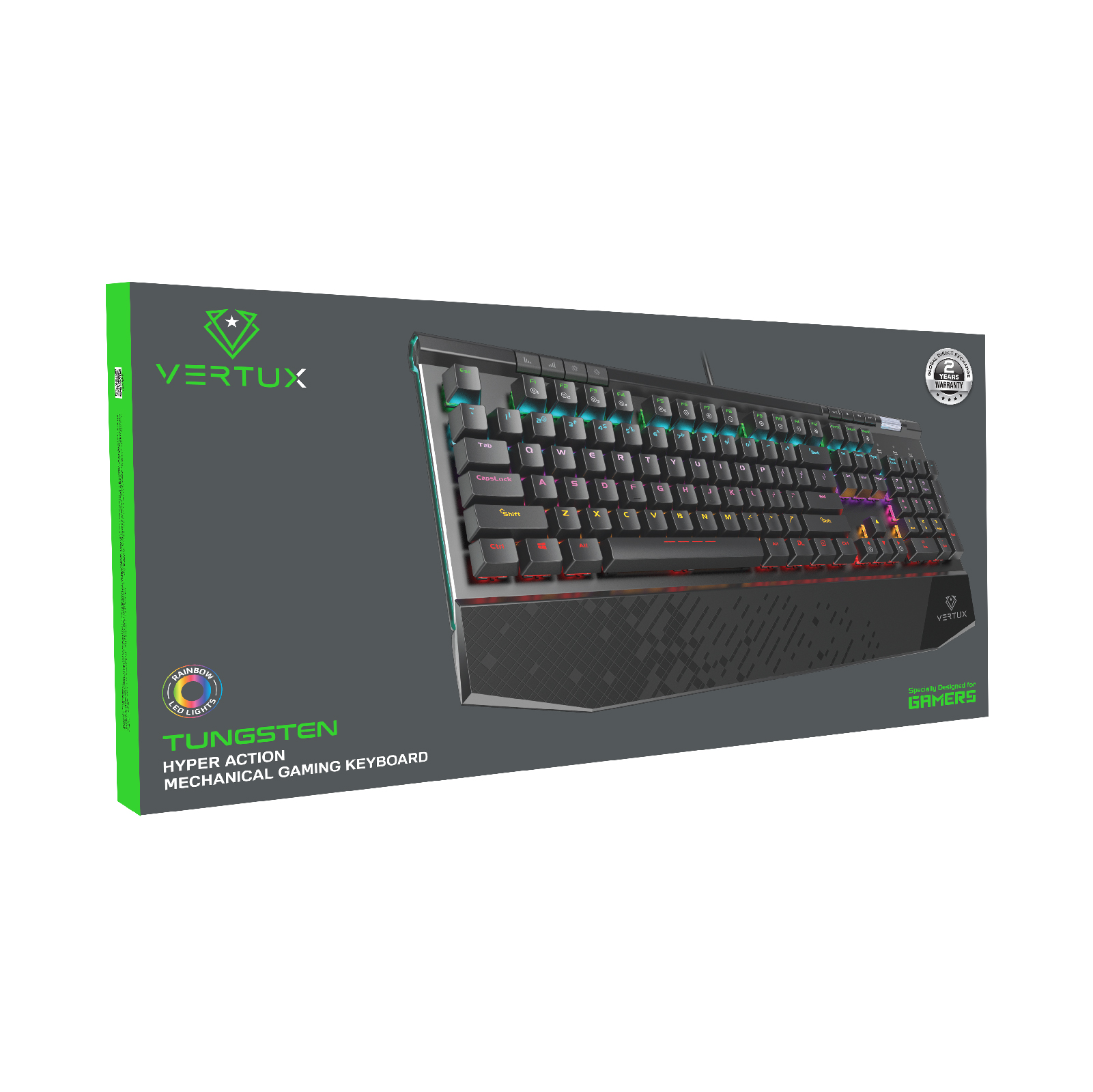 Teclado en una caja. Teclas negras, luces de colores, caja verde y blanca.