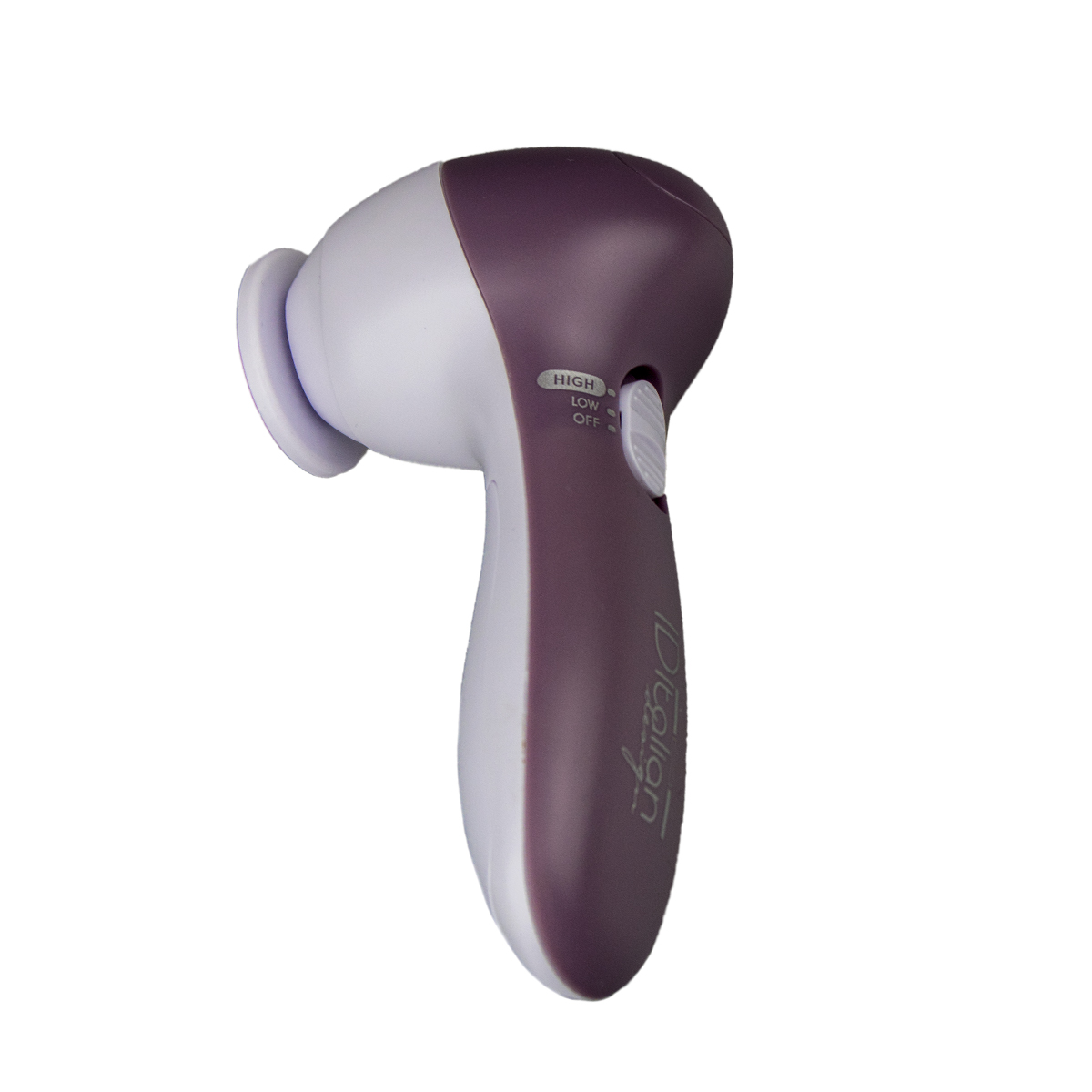 Biała i fioletowa szczoteczka do oczyszczania twarzy z przełącznikiem. Na białym tle.