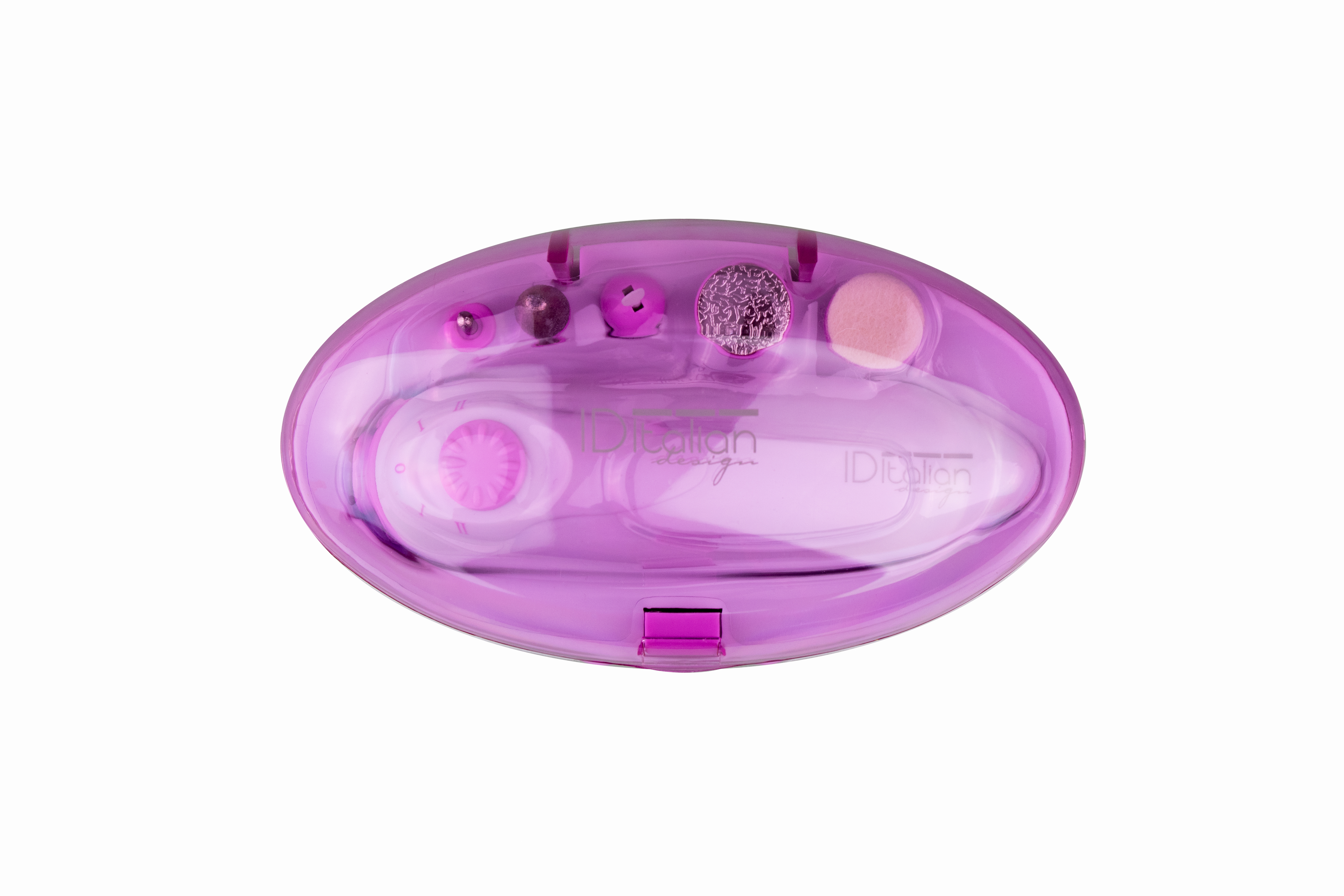 Różowy zestaw do manicure. Zawiera różne narzędzia w przezroczystym, owalnym etui.