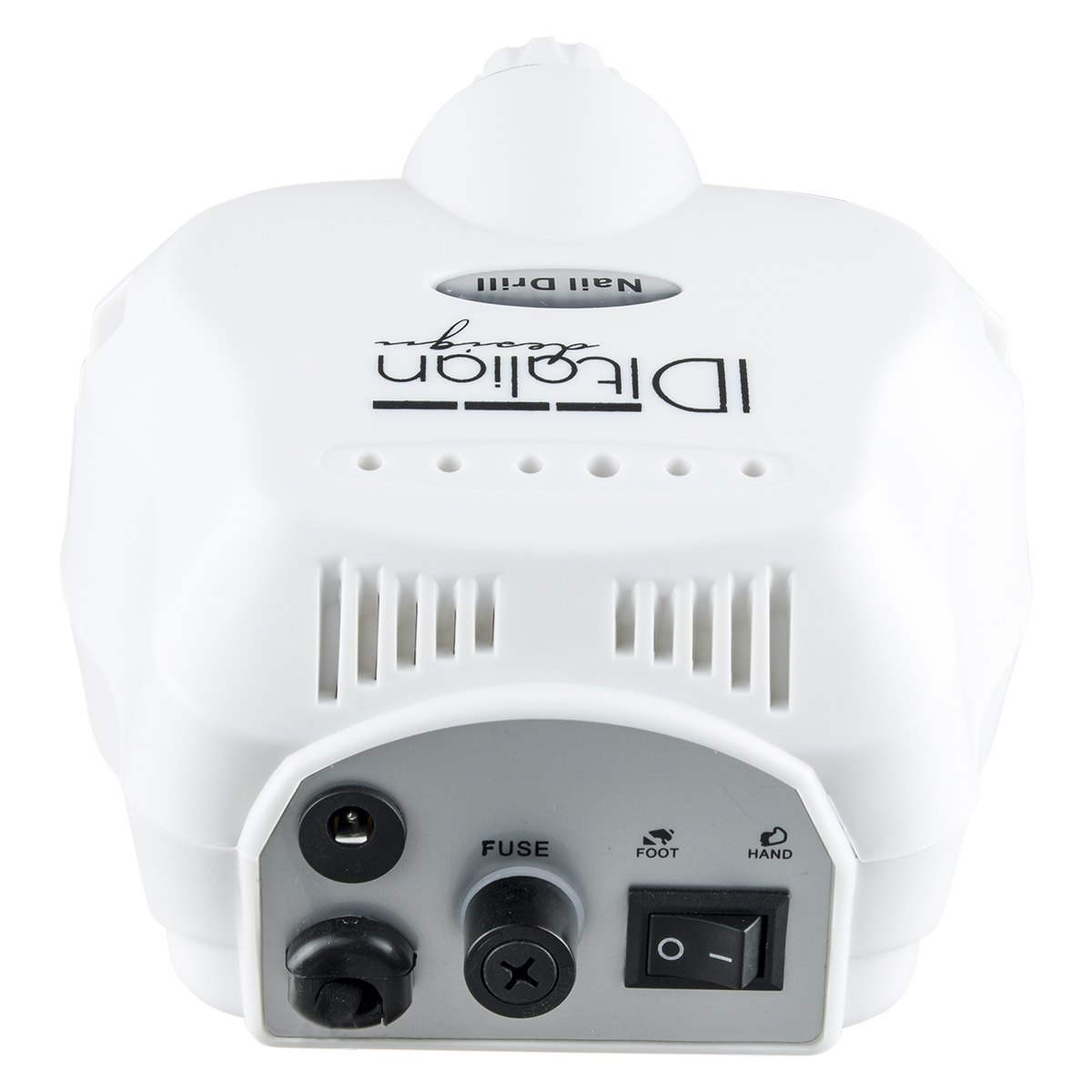 Biała frezarka do paznokci z włącznikiem i kontrolkami do obsługi stóp/rąk, na białym tle.