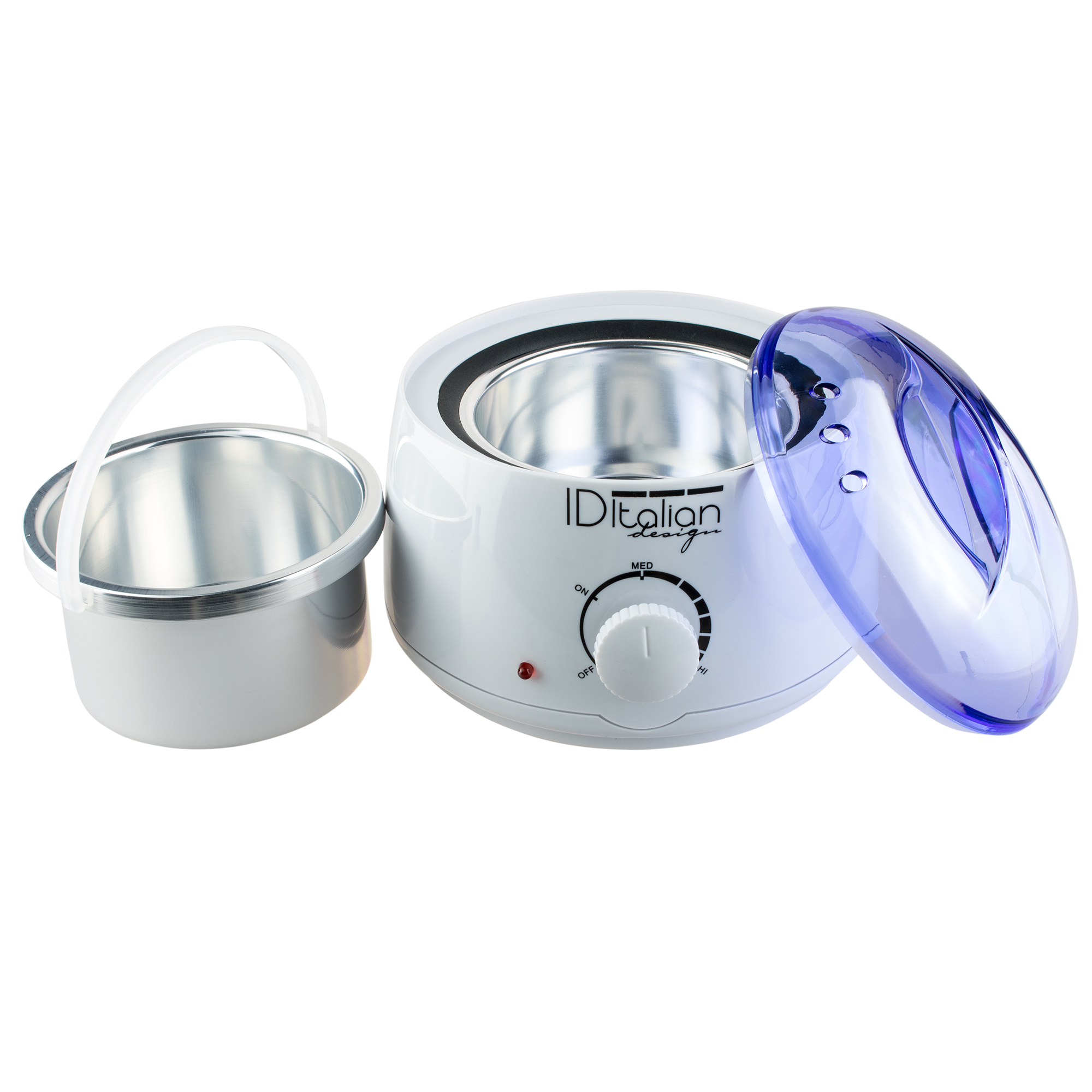 Biały podgrzewacz do wosku z pokrywką i srebrny uchwyt na wosk obok.