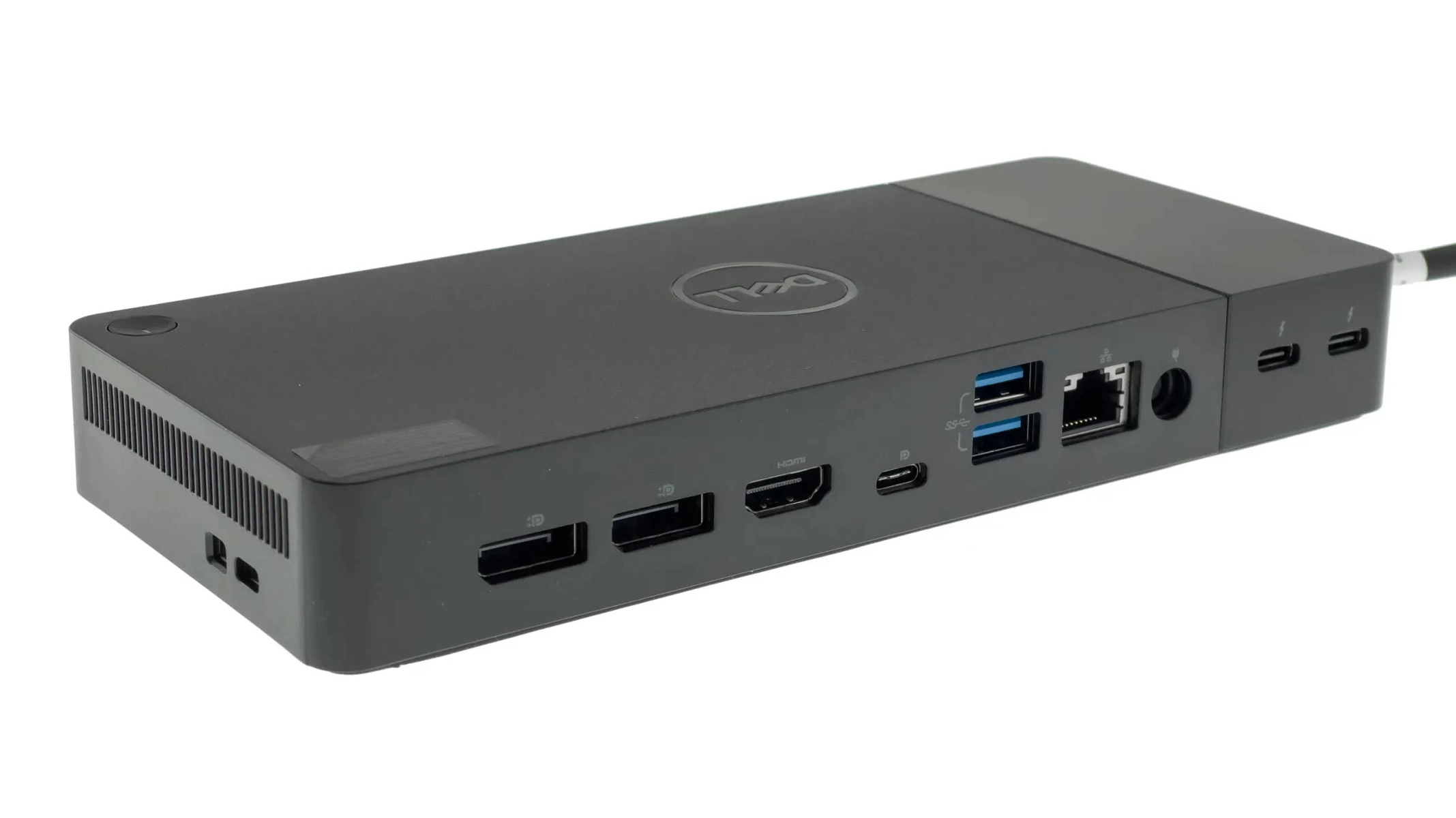 Schwarze Dell-Dockingstation. Mehrere Anschlüsse sichtbar: USB, HDMI, Ethernet, USB-C. Isoliert auf weißem Hintergrund.