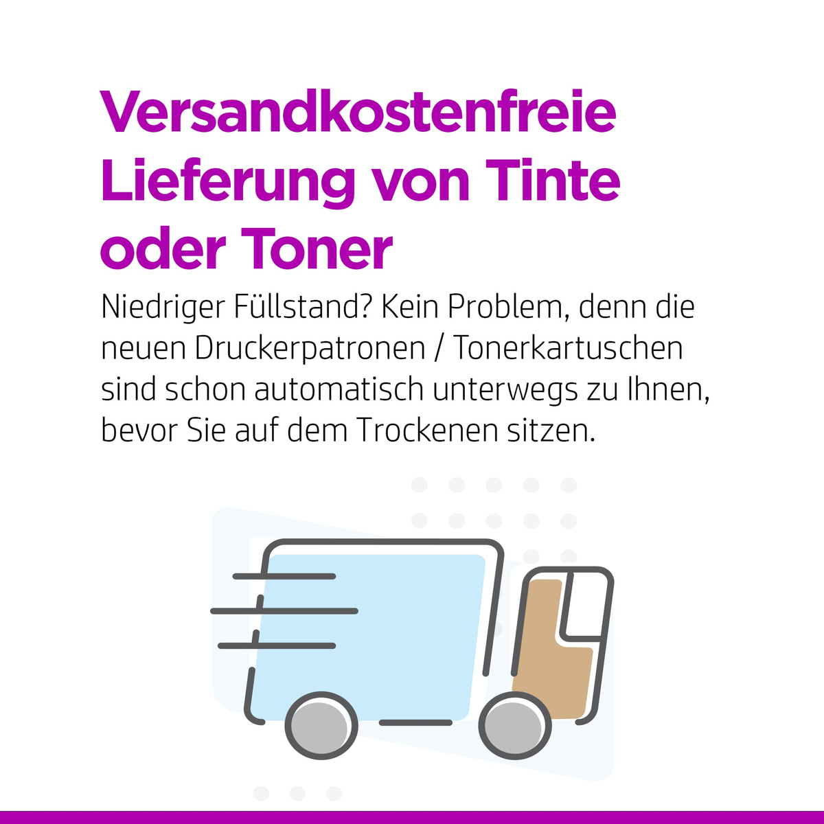 Ilustracja ciężarówki dostawczej. Tekst w języku niemieckim o darmowej wysyłce tuszu lub tonerów.