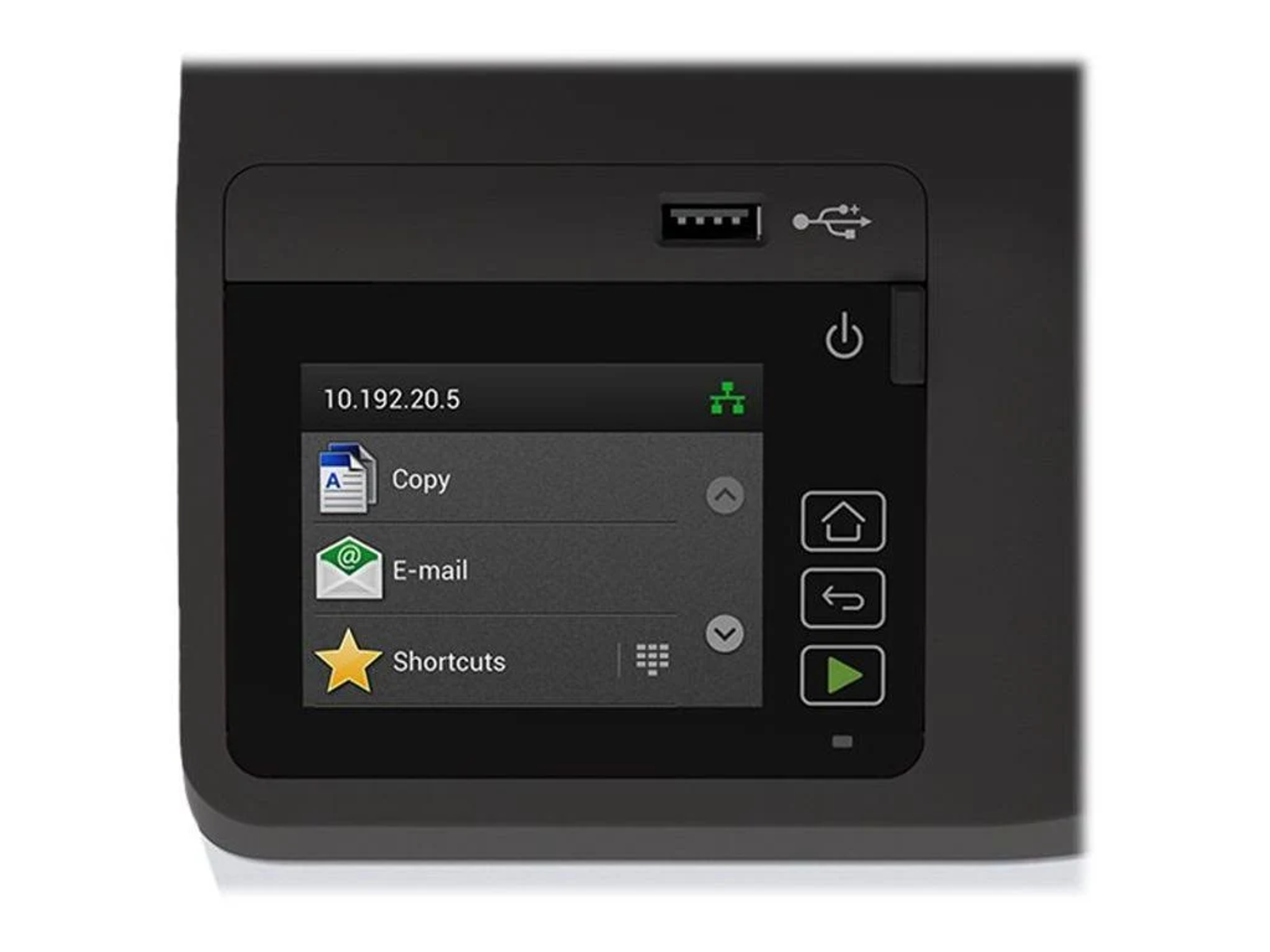 Czarny panel sterowania drukarki, pokazujący kopiowanie, e-mail i skróty.