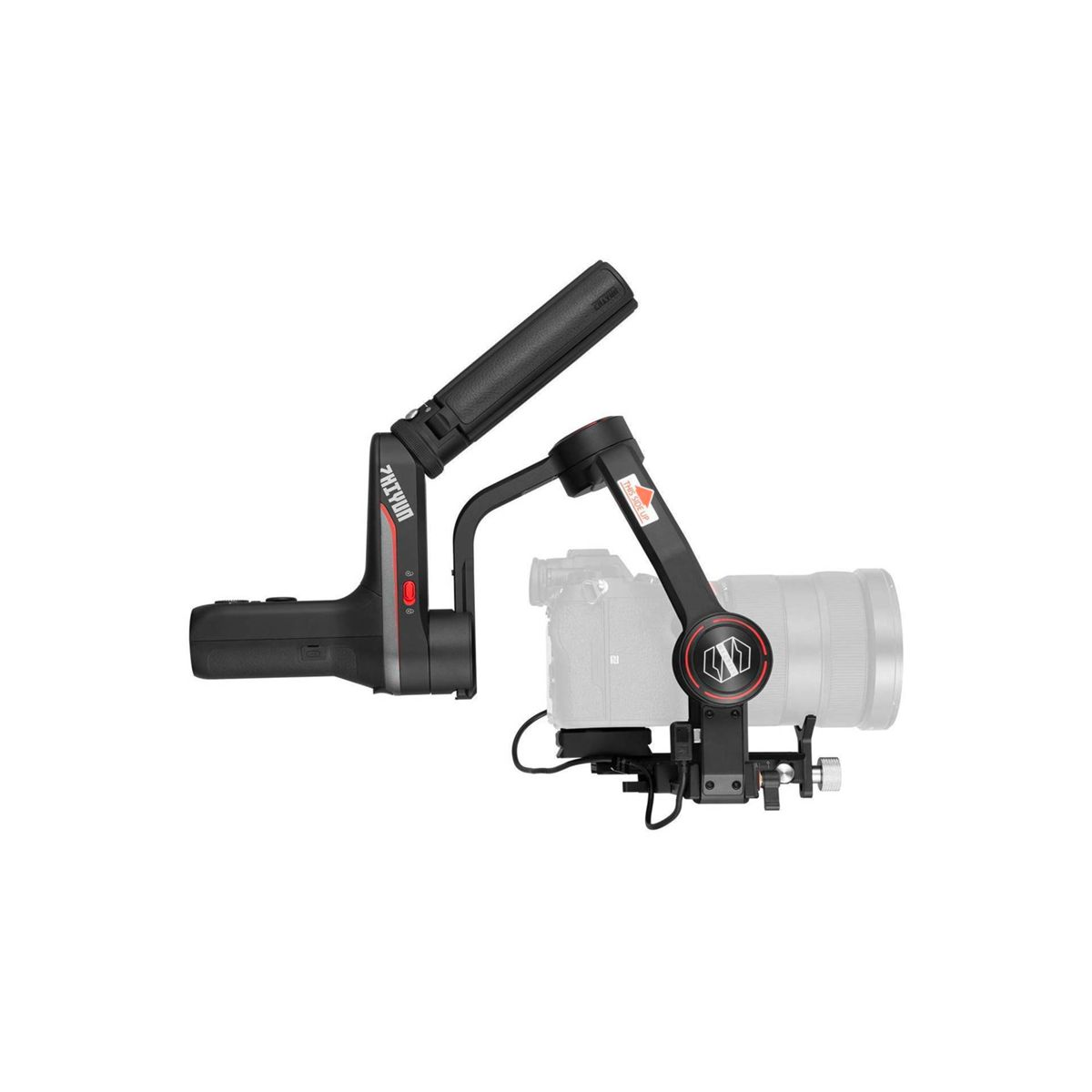 A camera stabilizer with camera attached, the handle in the left. The brand is visible.