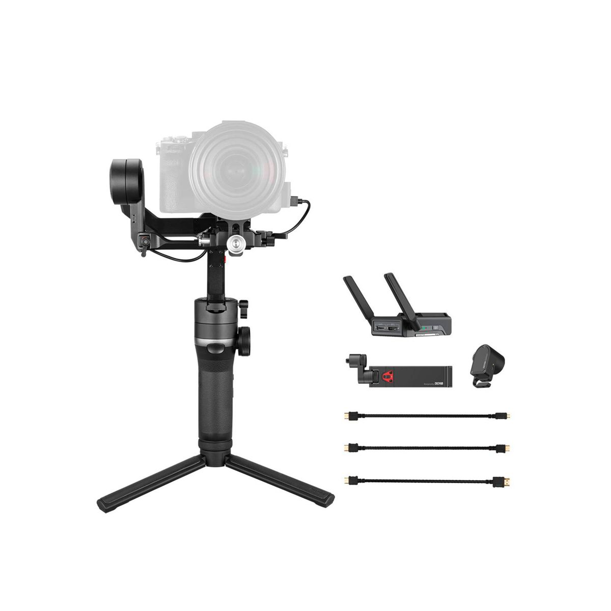 A camera on a tripod with a stabilizer and accessories, all on a white background.