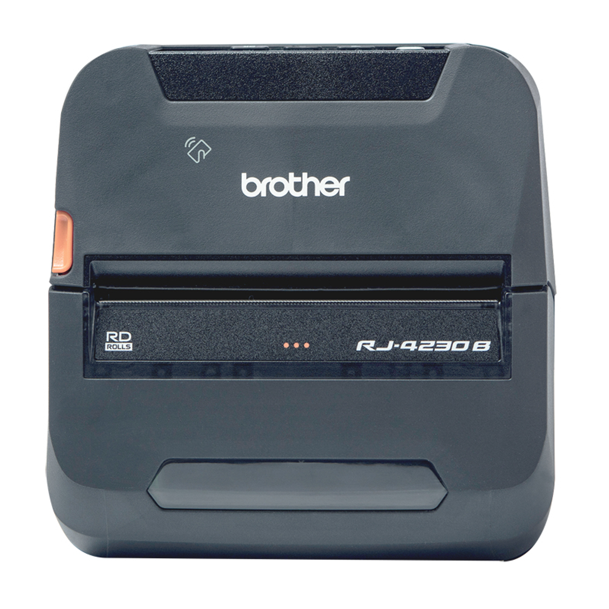 Zwarte Brother labelprinter, met logo en modelnummer, en een rode knop. Witte achtergrond.