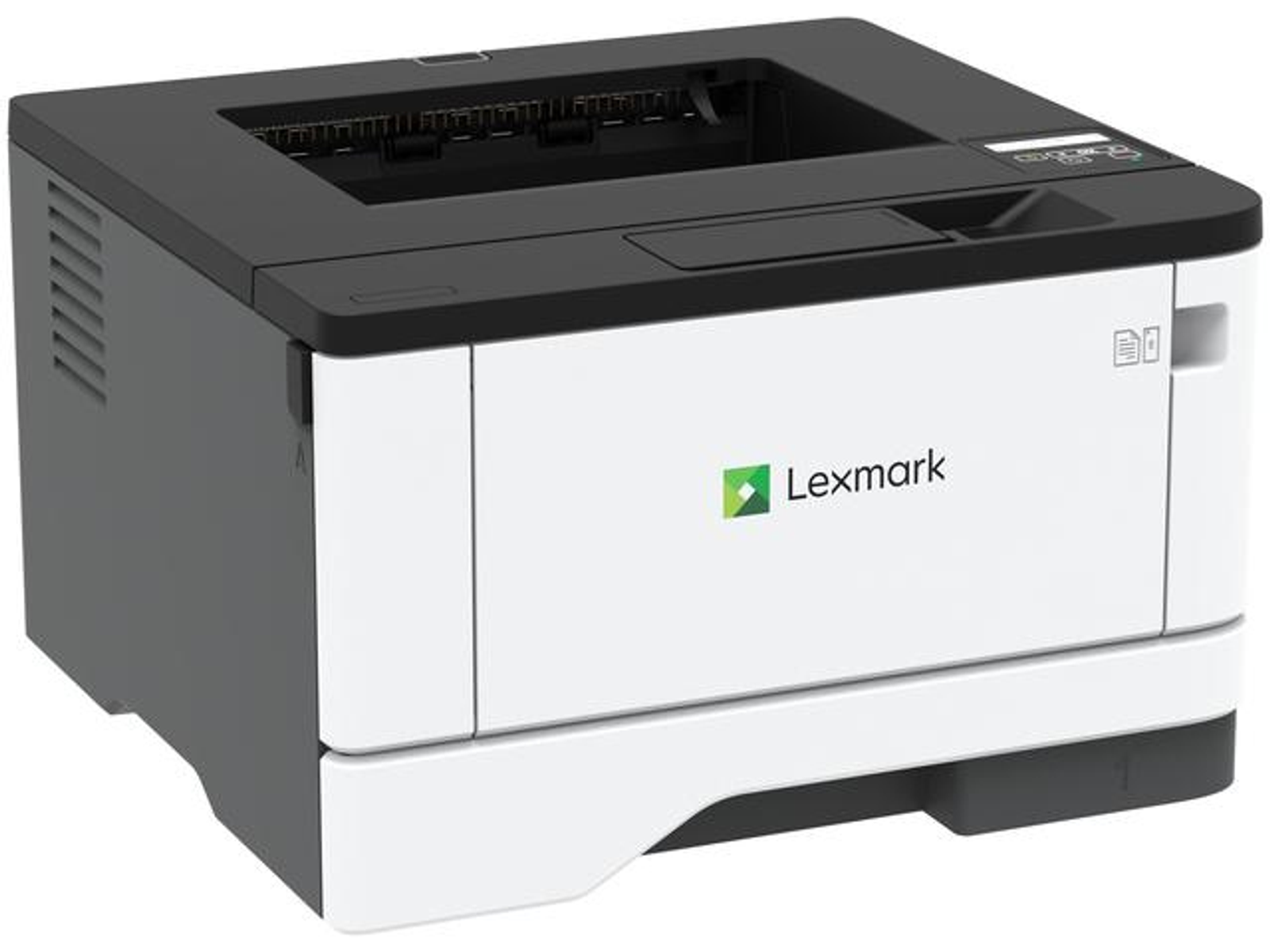 Biało-czarna drukarka Lexmark. Nazwa marki jest widoczna z przodu.