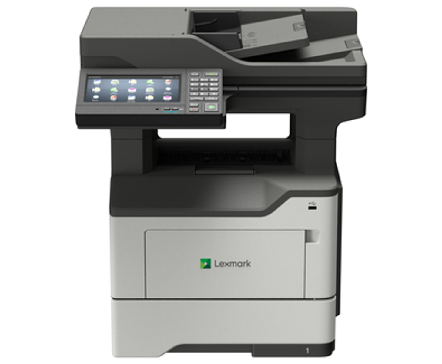 Una stampante Lexmark nera e grigia con pannello di controllo, isolata.