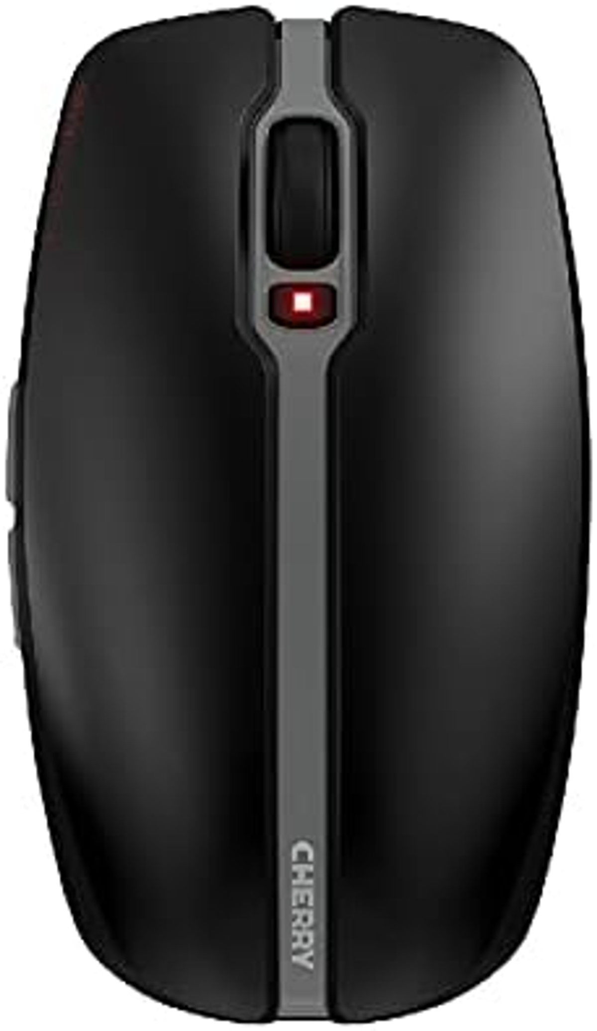 Czarna mysz komputerowa z szarym środkowym paskiem. Czerwone światło wskazuje, że mysz jest włączona.