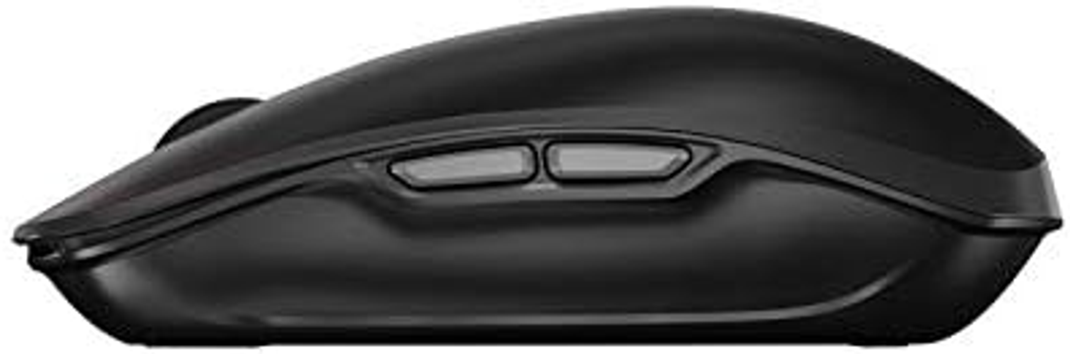 Czarna mysz komputerowa z przyciskami bocznymi i kółkiem przewijania. Widok z boku pod kątem.