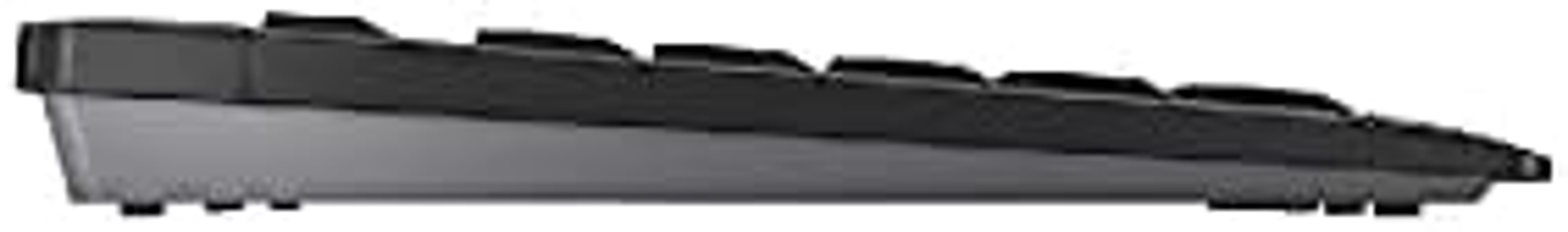 Widok z boku czarnej klawiatury. Klawiatura jest lekko pochylona.