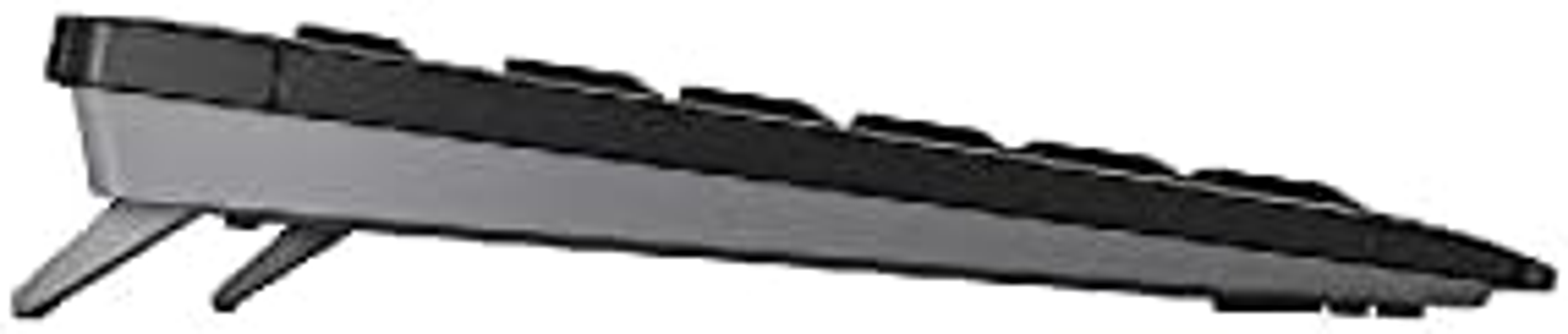 Czarna klawiatura, widok z boku, z szarą podstawą i białym tłem.