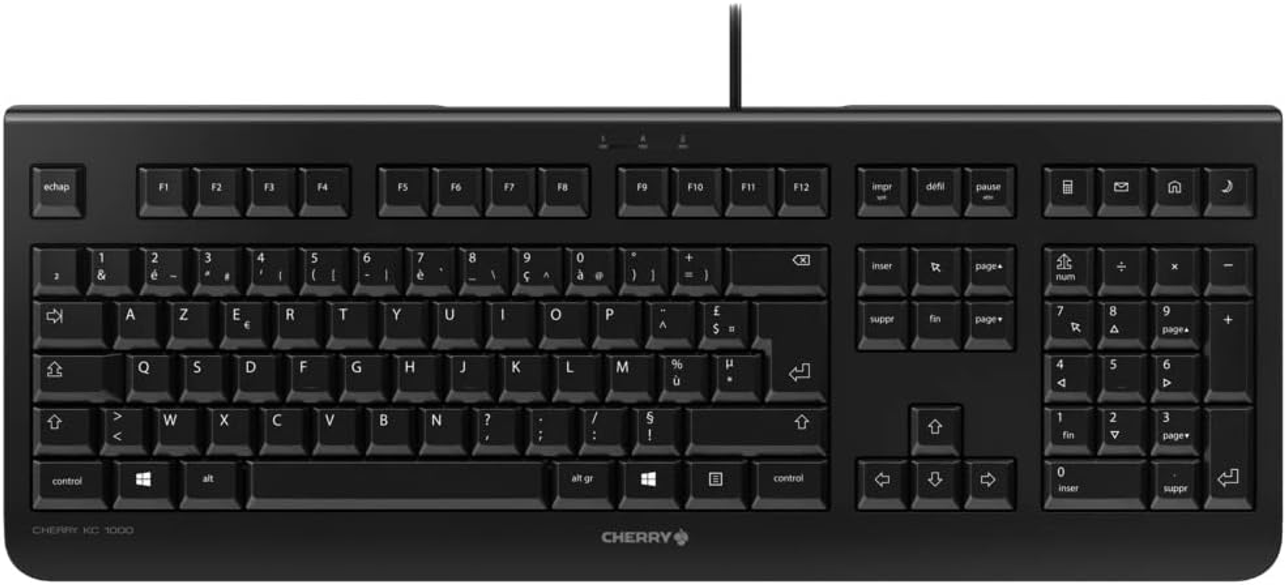 Eine schwarze Tastatur mit weißen Buchstaben und Symbolen. Markenlogo ist sichtbar.