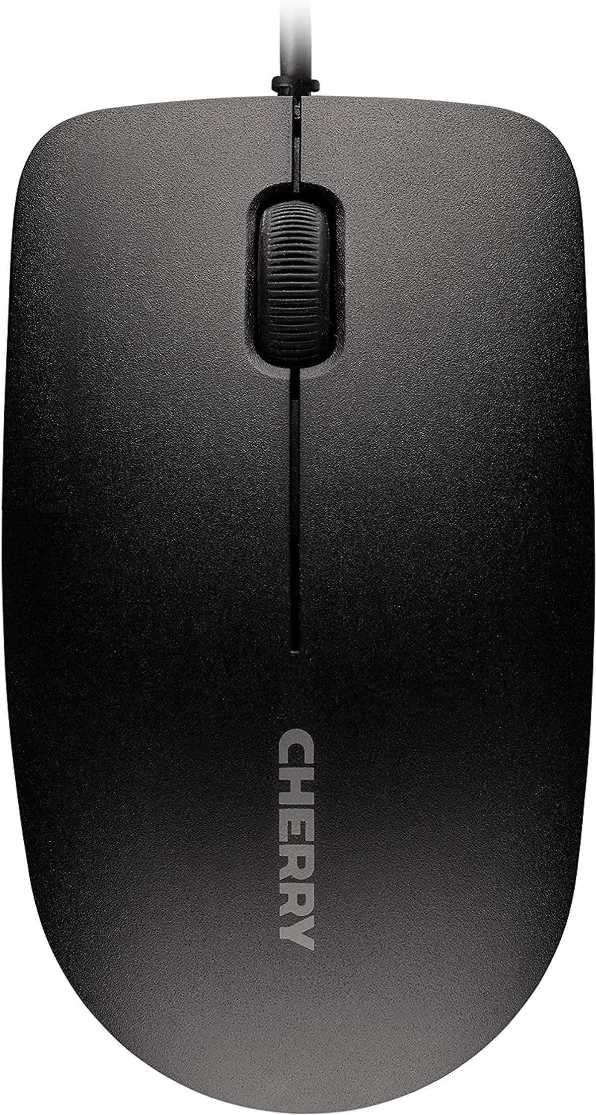 Eine schwarze Computermaus mit einem Scrollrad und dem Wort CHERRY darauf.