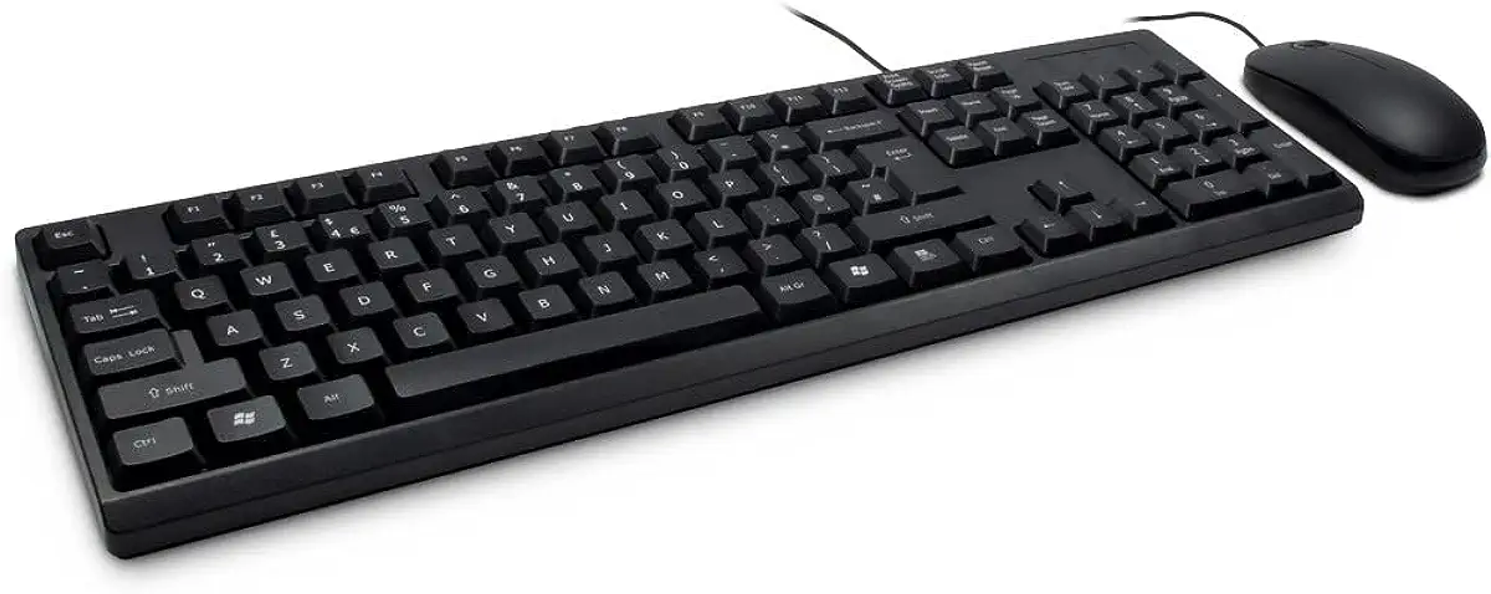 Schwarze Tastatur und Maus. Die Tastatur ist in voller Größe mit allen Tasten und eine kabelgebundene Maus.