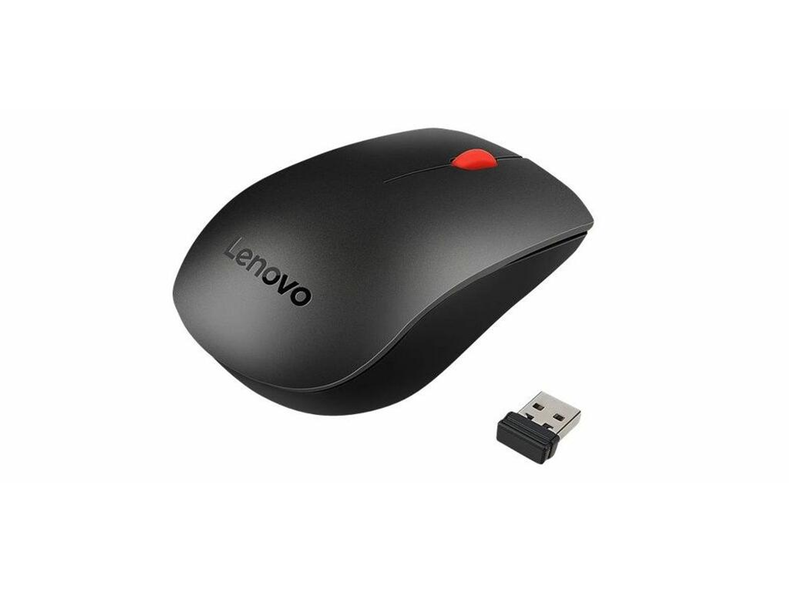 Czarna mysz Lenovo z czerwonym kółkiem przewijania i odbiornikiem USB.