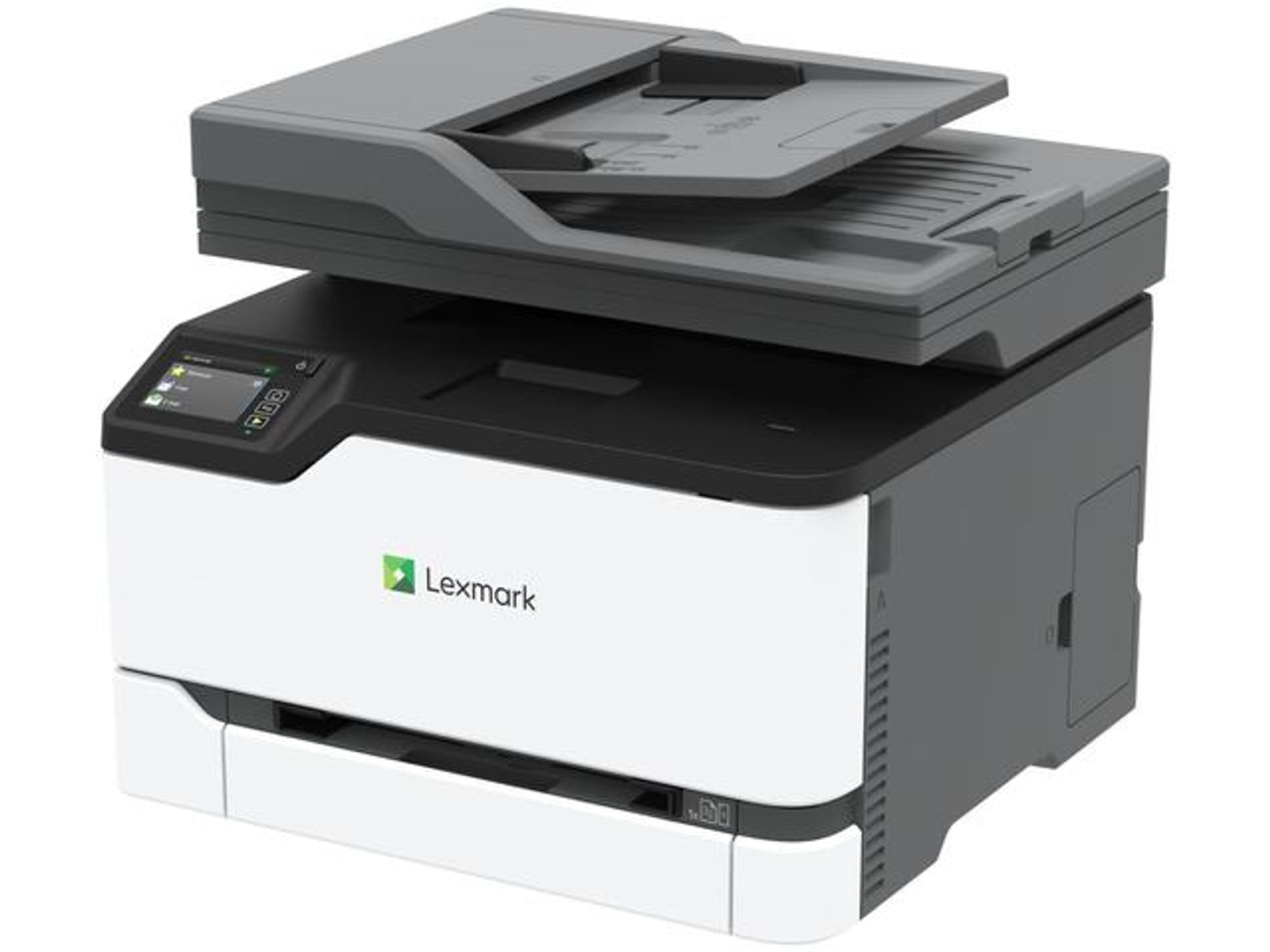 Drukarka Lexmark ze skanerem na górze. Jest biało-szara z logo Lexmark z przodu.