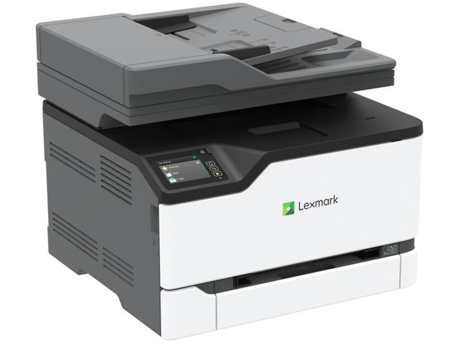 Biało-szara drukarka Lexmark z ekranem i podajnikiem papieru.