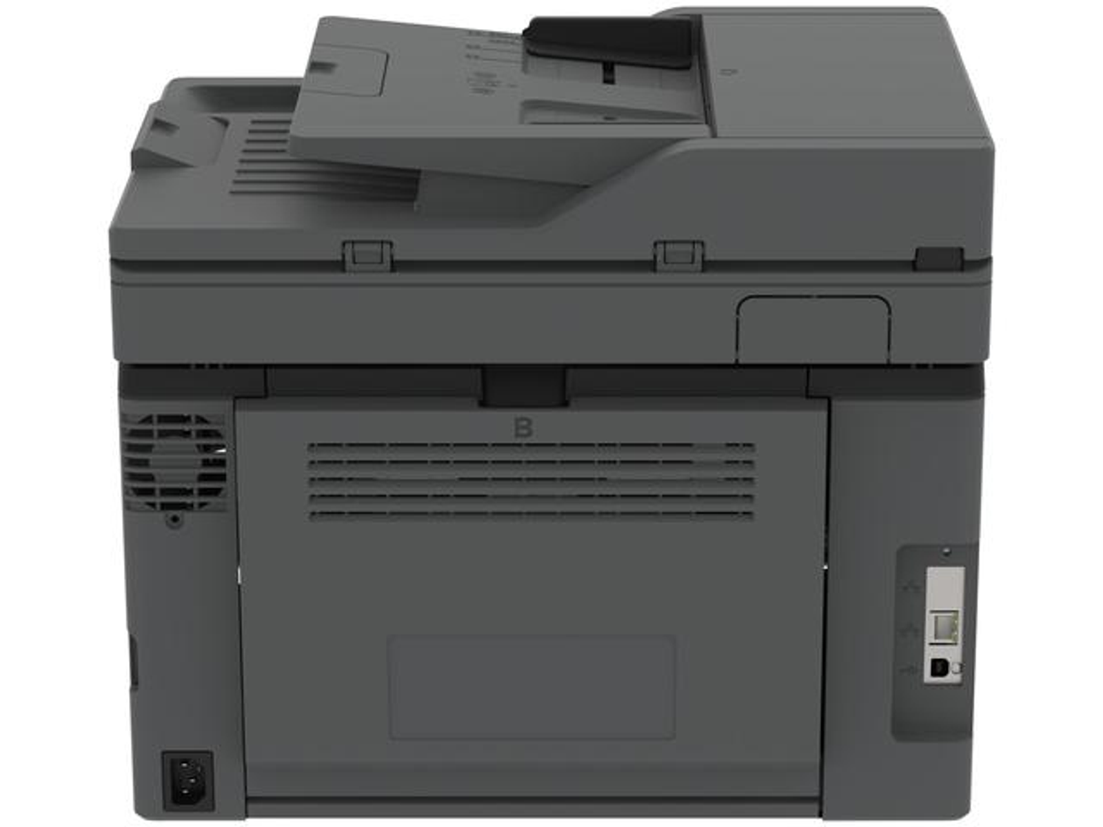 Tył szarej drukarki. Posiada przewód zasilający i różne porty połączeniowe.