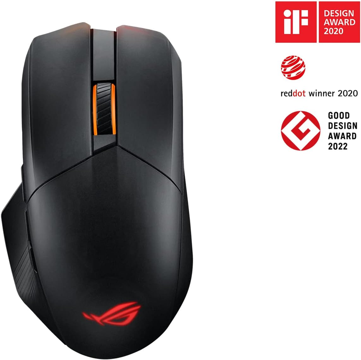 Mouse da gaming nero con dettagli arancioni e loghi dei premi nell'angolo destro.