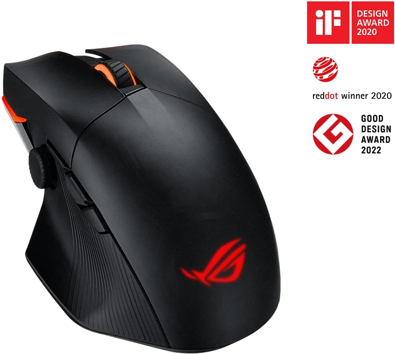 Mouse gaming nero con logo ROG e premi.