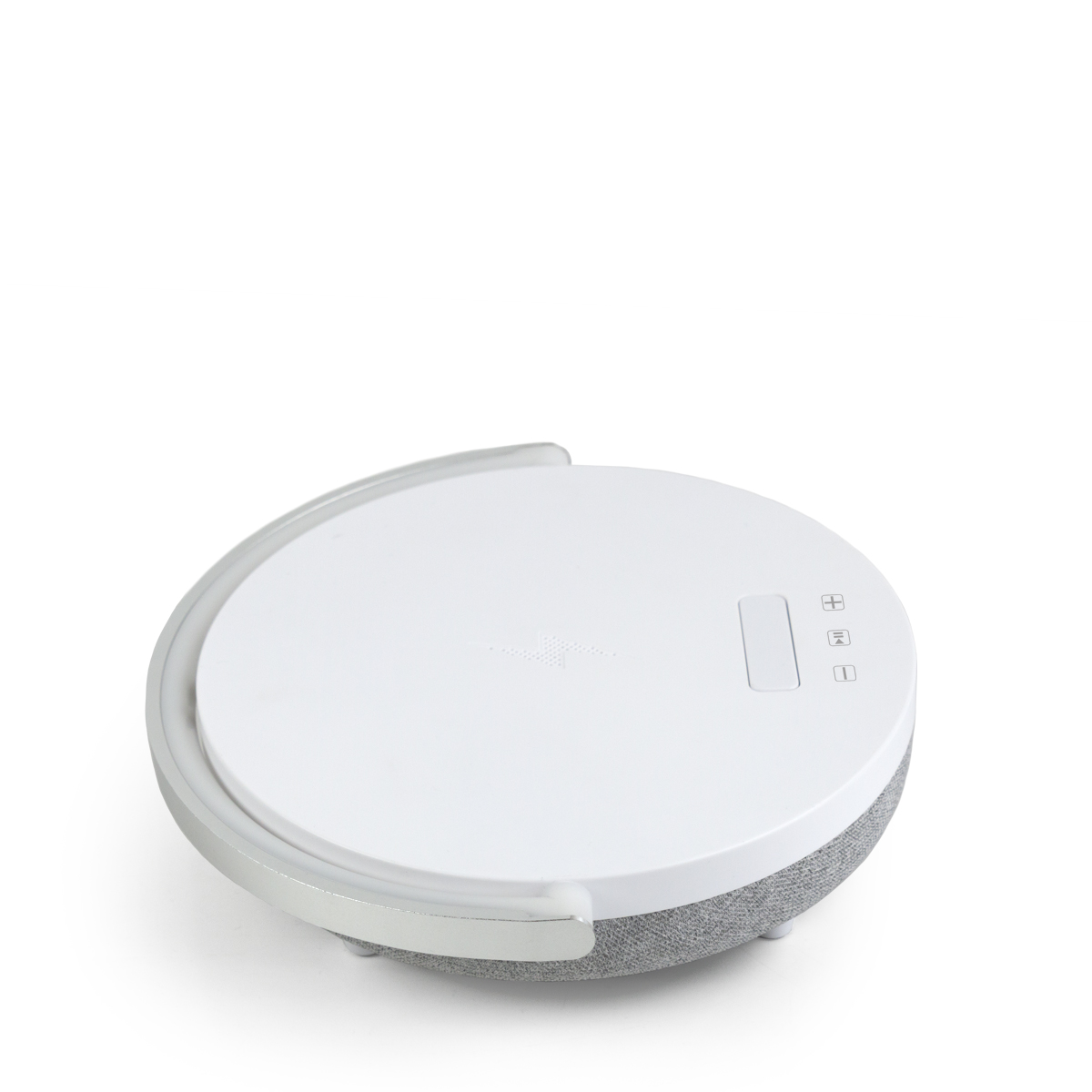 Biały, okrągły głośnik z szarą podstawą z tkaniny i przyciskami.