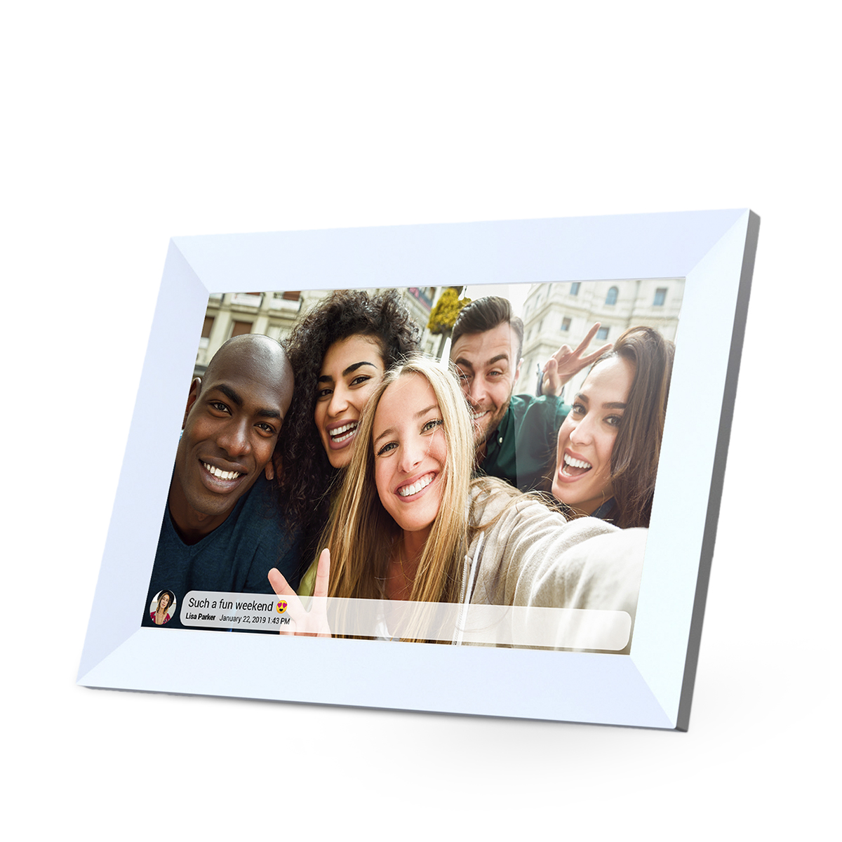 Cyfrowa ramka na zdjęcia, wyświetlająca zdjęcie grupowe przyjaciół.