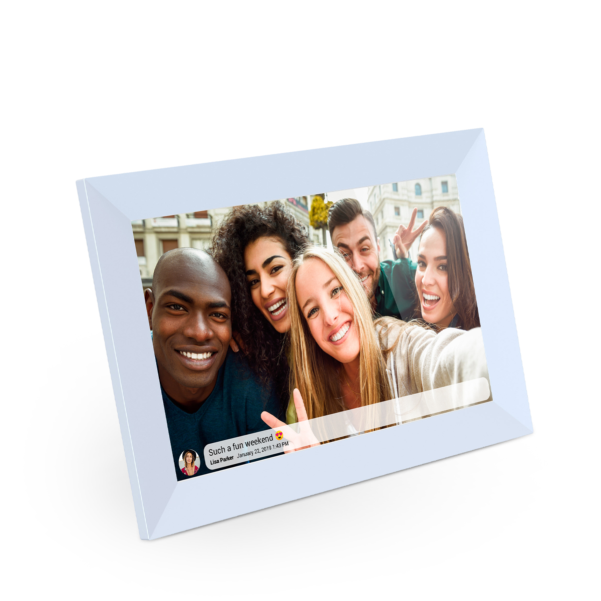 Cyfrowa ramka na zdjęcia. Zdjęcie uśmiechniętych przyjaciół. Dymek: Taki fajny weekend.